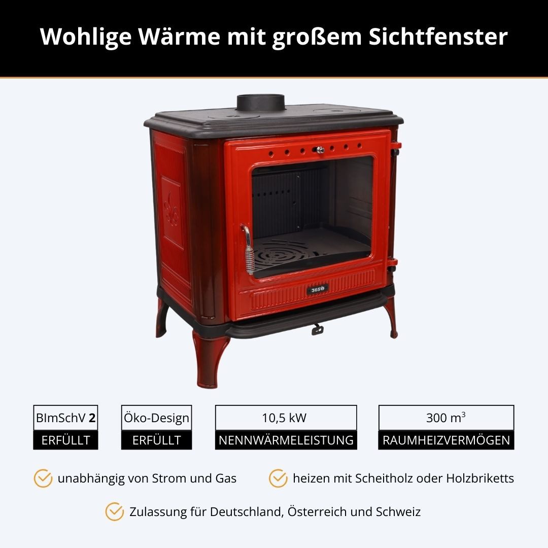 365 Kaminofen 365® Ferrox 75 rot emailliert 10,5 kW Gusseisen A+, 10,5 kW