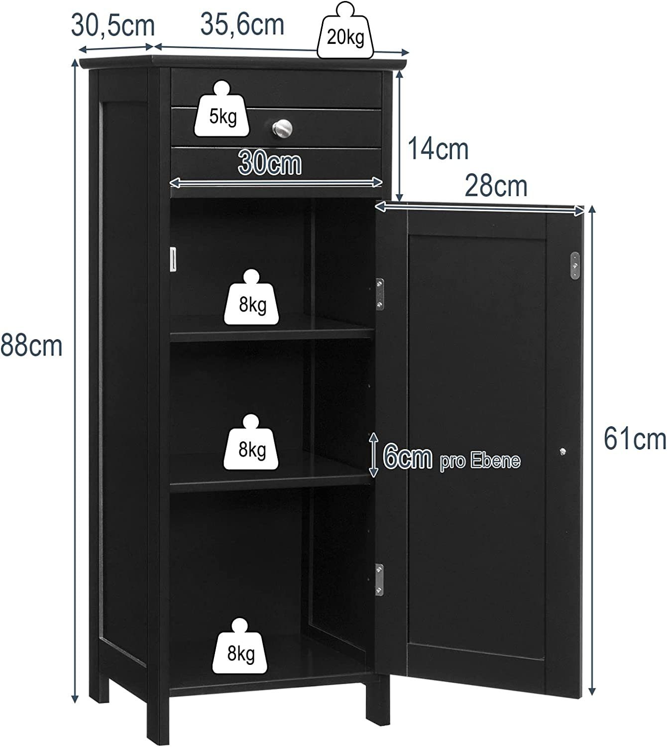 KOMFOTTEU Midischrank Badschrank Midischrank Badkommode mit Schublade, 30 x 35 x 87 cm – Bild 5 von 5