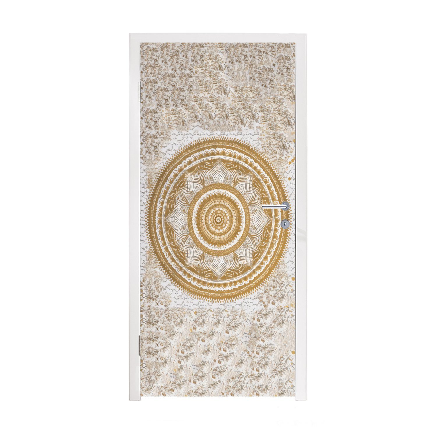 MuchoWow Türtapete Mandala - Blumen - Gold - Weiß - Design, Matt, bedruckt, (1 St), Türposter Selbstklebend, Deko Folie Tür und Möbel, 95x215 cm