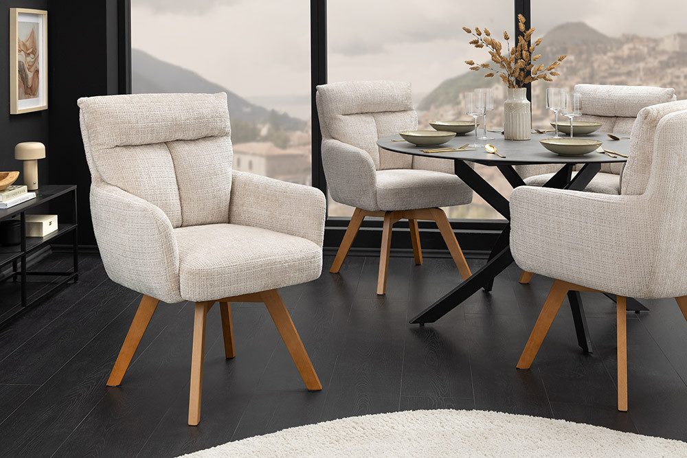 riess-ambiente Polsterstuhl BIG GEORGE champagner / natur - Drehstuhl, Chenillestoff, Buchenholz (Einzelartikel, 1 St), Esszimmer · 360° drehbar · mit Armlehne · Retro · Federkern-Polsterung