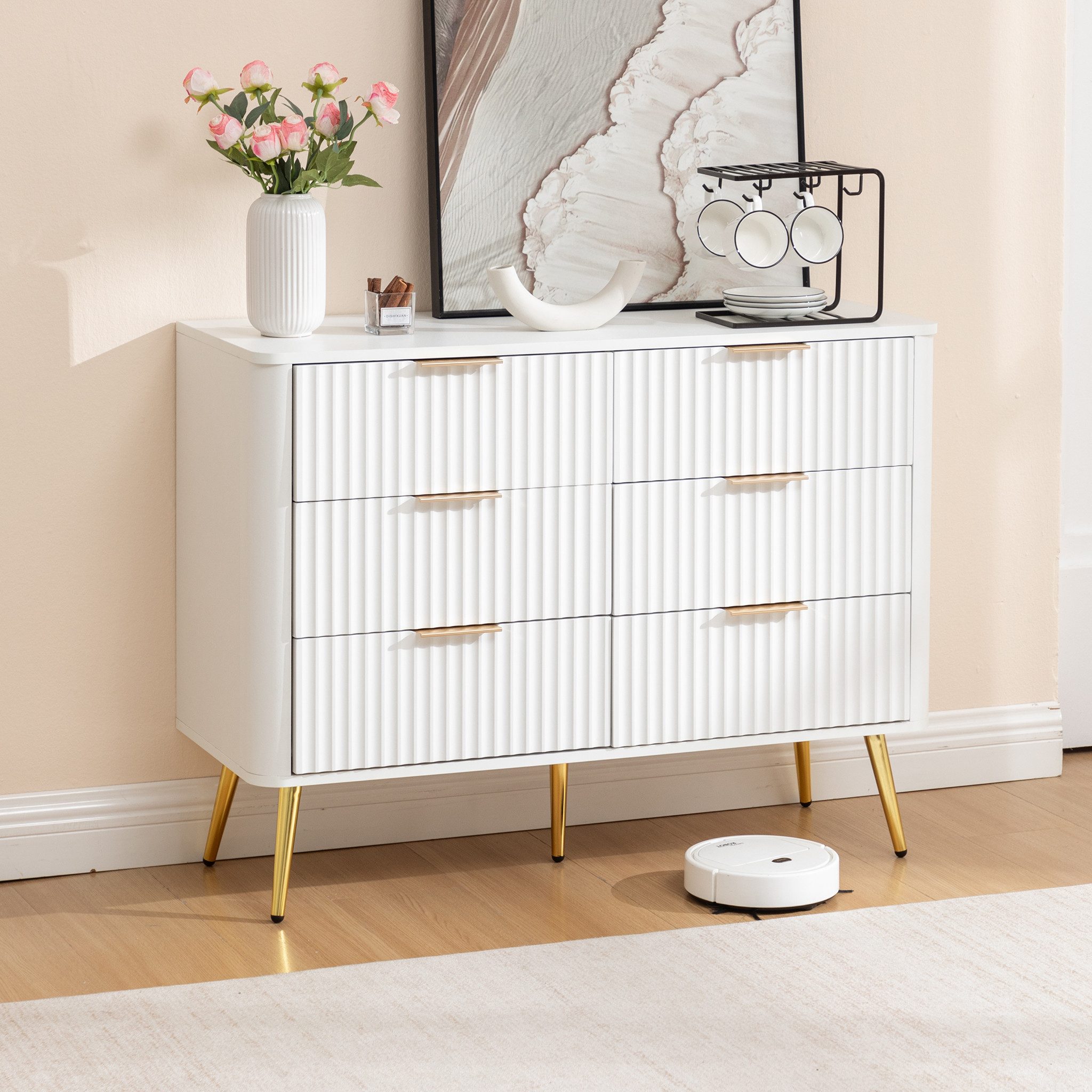 HAUSS SPOLE Sideboard mit 6 Schubladen,Kommode mit Metallgriffen und Kippsicherung,Weiß (Aufbewahrungsschrank Beistellschrank mit Metallgriffe und Soft-Close-Auszügen), mit Kippsicherung