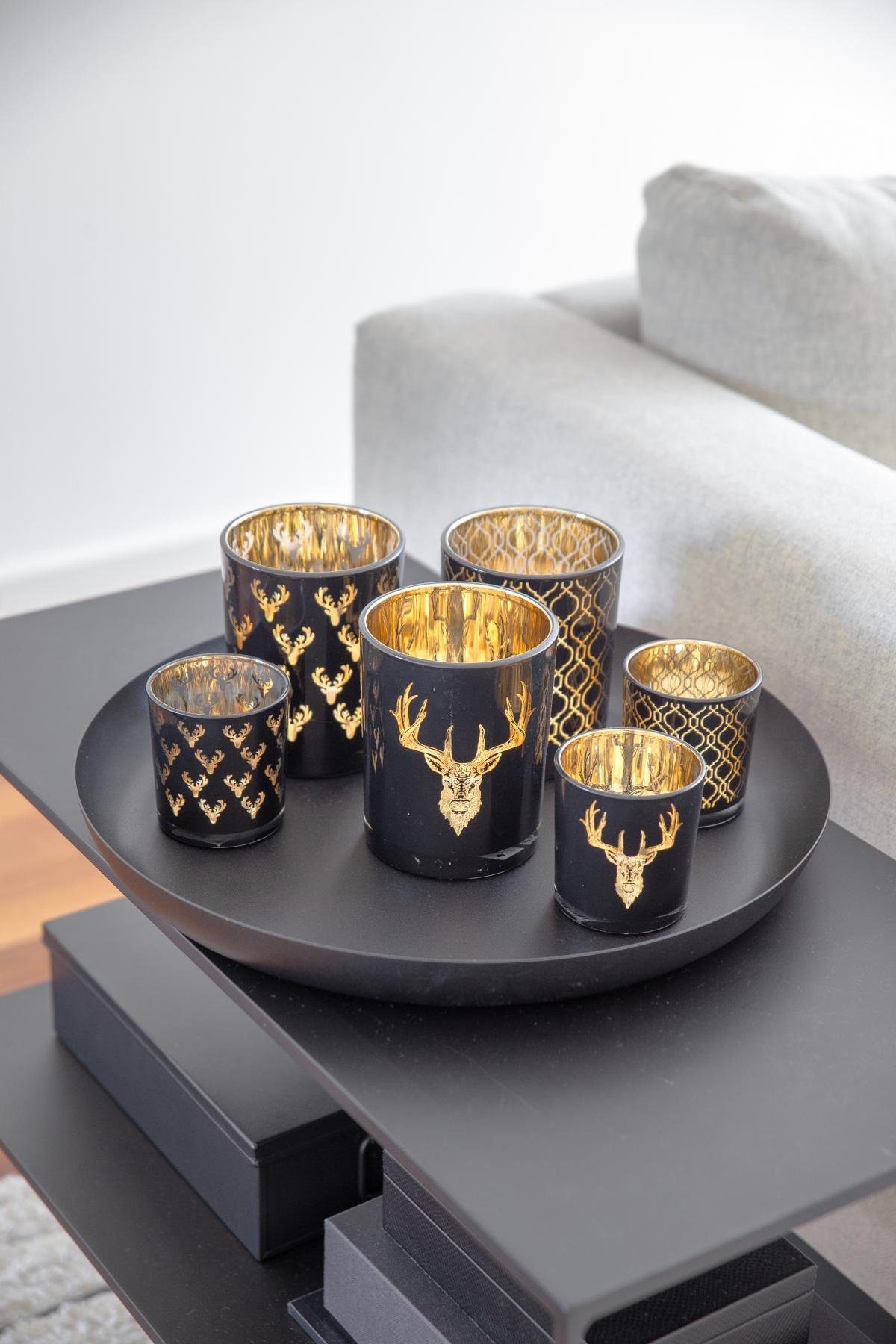 EDZARD Windlicht Ben, Gold-Optik, 7 Hirsch-Motiv in Teelichter, cm Höhe 8 Ø Kerzenglas mit für Teelichtglas cm