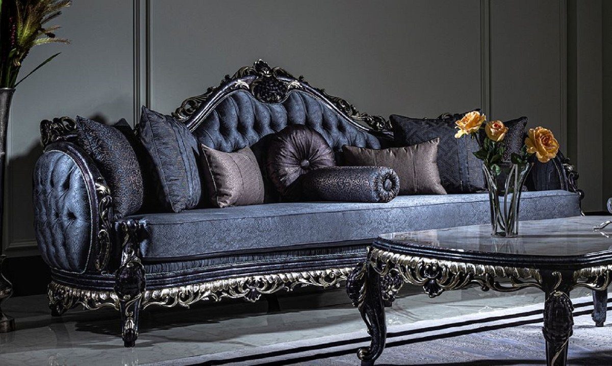 Casa Padrino Sofa Luxus Barock Möbel - Blau Wohnzimmer Kissen Muster Handgefertigtes im Gold - mit Barockstil Prunkvolle Sofa Wohnzimmer und / dekorativen elegantem Sofa