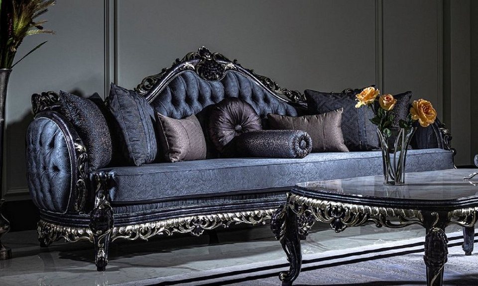 Casa Padrino Sofa Luxus Barock Sofa Blau / Gold - Handgefertigtes  Wohnzimmer Sofa mit elegantem Muster und dekorativen Kissen - Prunkvolle  Wohnzimmer Möbel im Barockstil