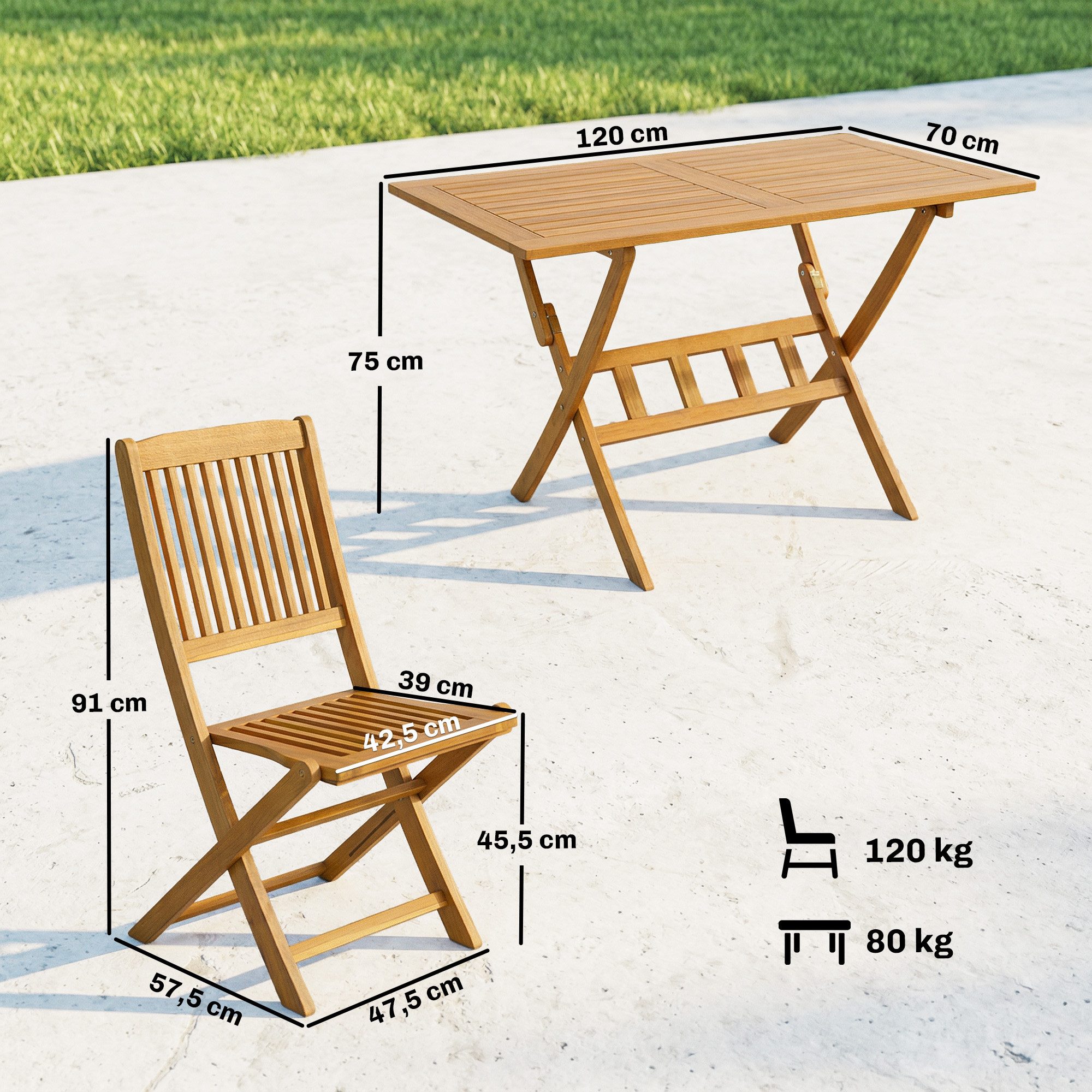 Outsunny Garten-Essgruppe mit 4 Klappstühlen, Lamellendesign, (Sitzgruppe, 5-tlg., Gartenmöbel Set), für Garten Balkon Naturholz
