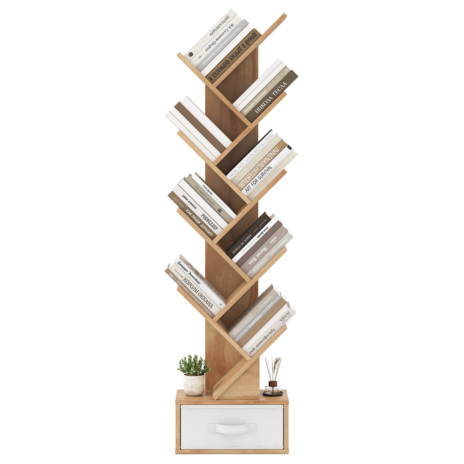 COSTWAY Bücherregal, 8-stöckig, mit Schublade, Baumform, 38x21,5x149,5cm