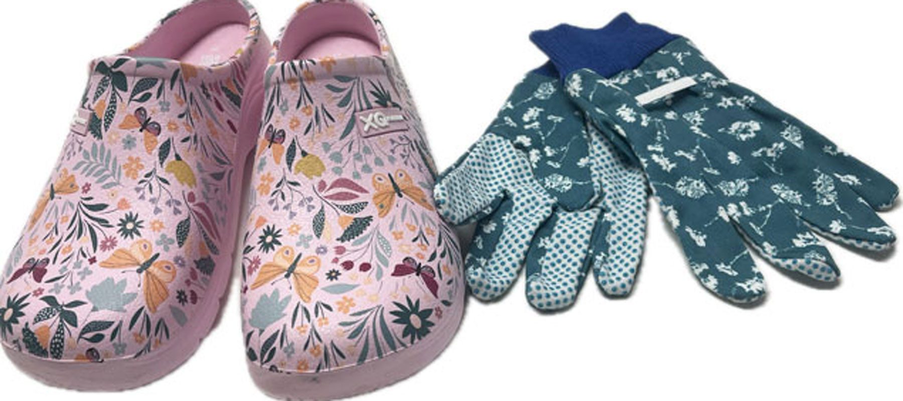 Steinnacher Bärbel Damen Gartenclogs Schmetterling rosa mit passenden Gartenhandschuhen Clog
