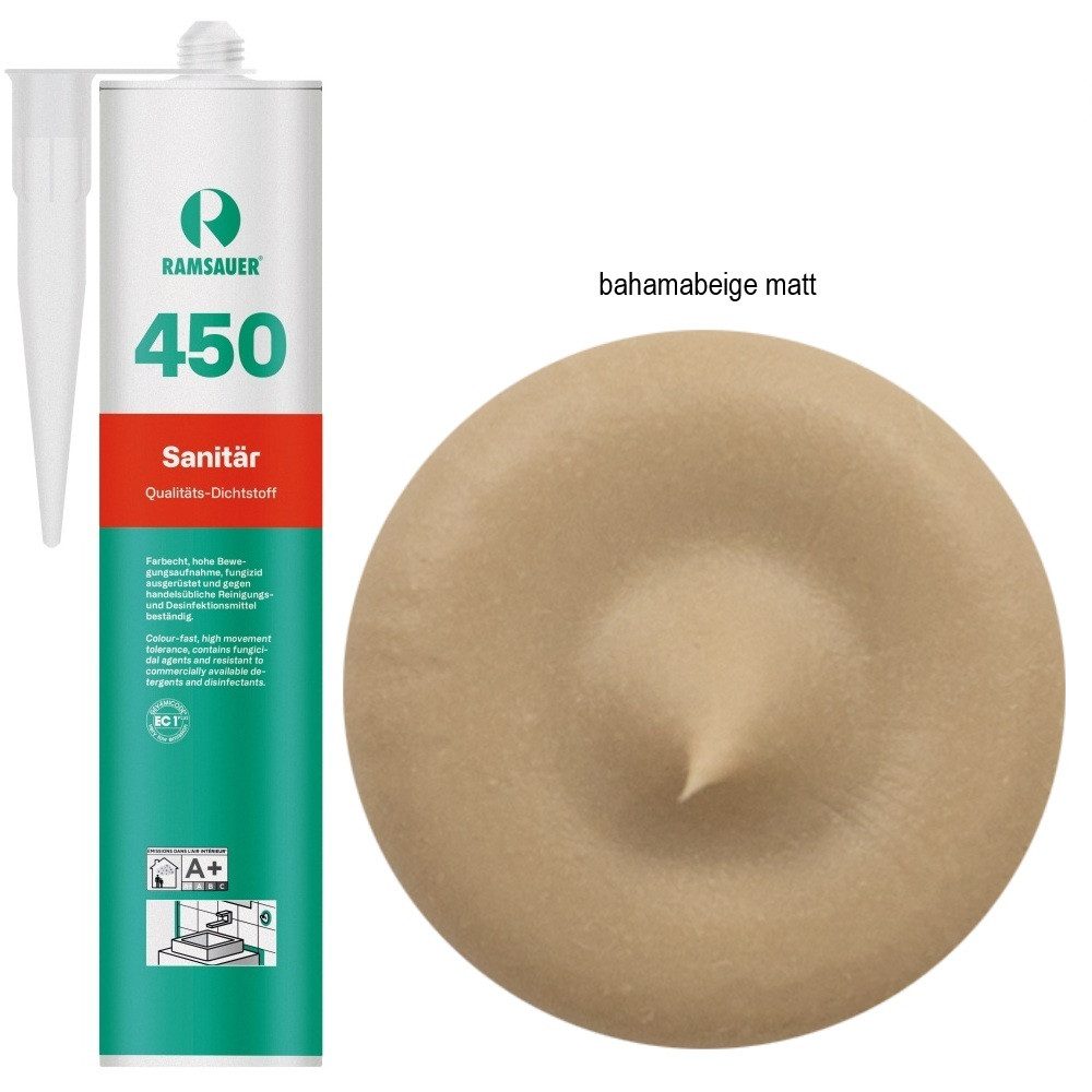 Ramsauer Dichtstoff Ramsauer 450 Sanitär Silikon Dichtstoff 310ml bahamabeige MATT, gebrauchsfertig, chemisch widerstandsfähig, schnellhärtend, UV-beständig,pilzhemmend