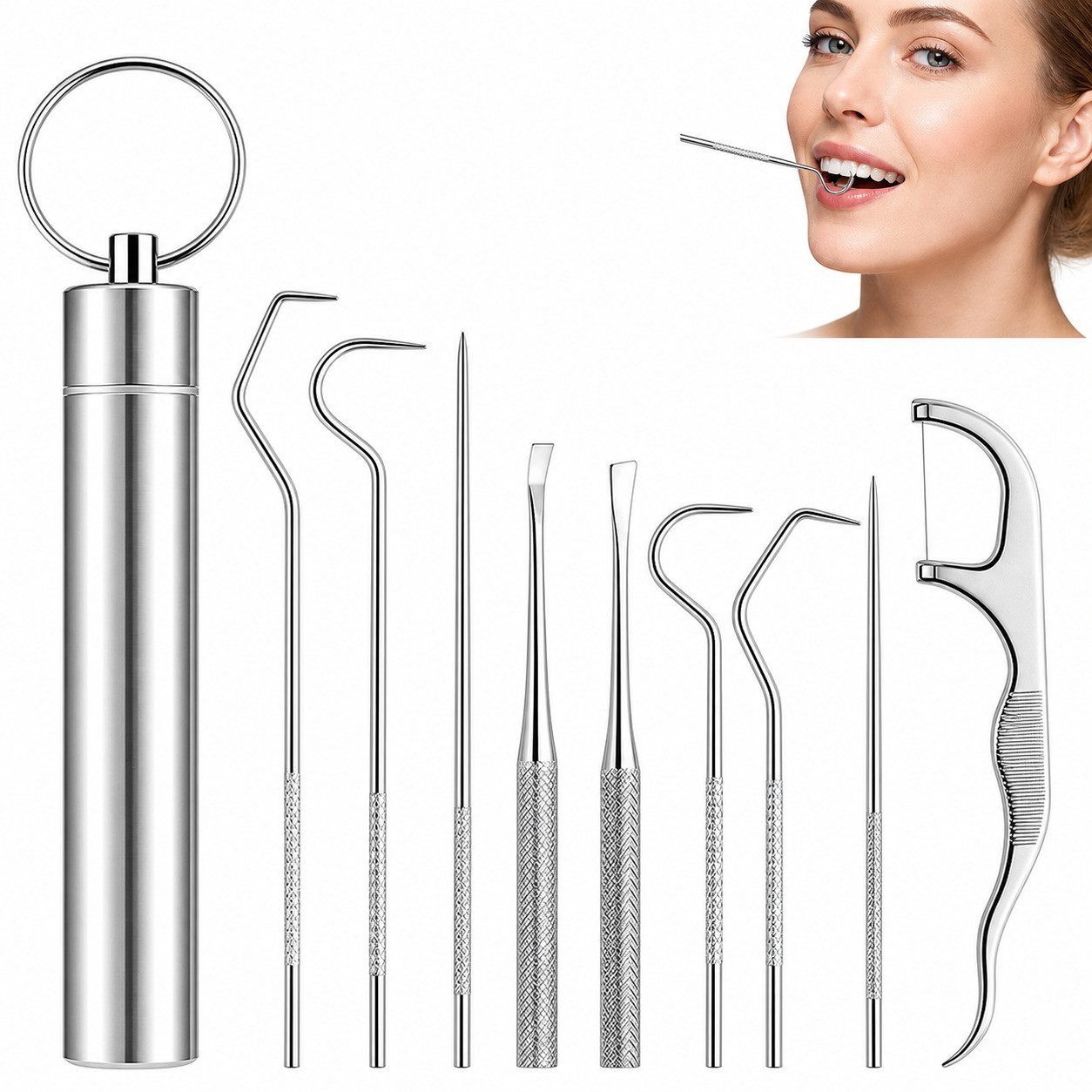COOL-i ® Zahnpflege-Set Edelstahl-Zahnstocher Set – 9-teilig, wiederverwendbar & tragbar, mit Schlüsselring & Etui – ideal für Zahnreinigung, Reisen & Outdoor