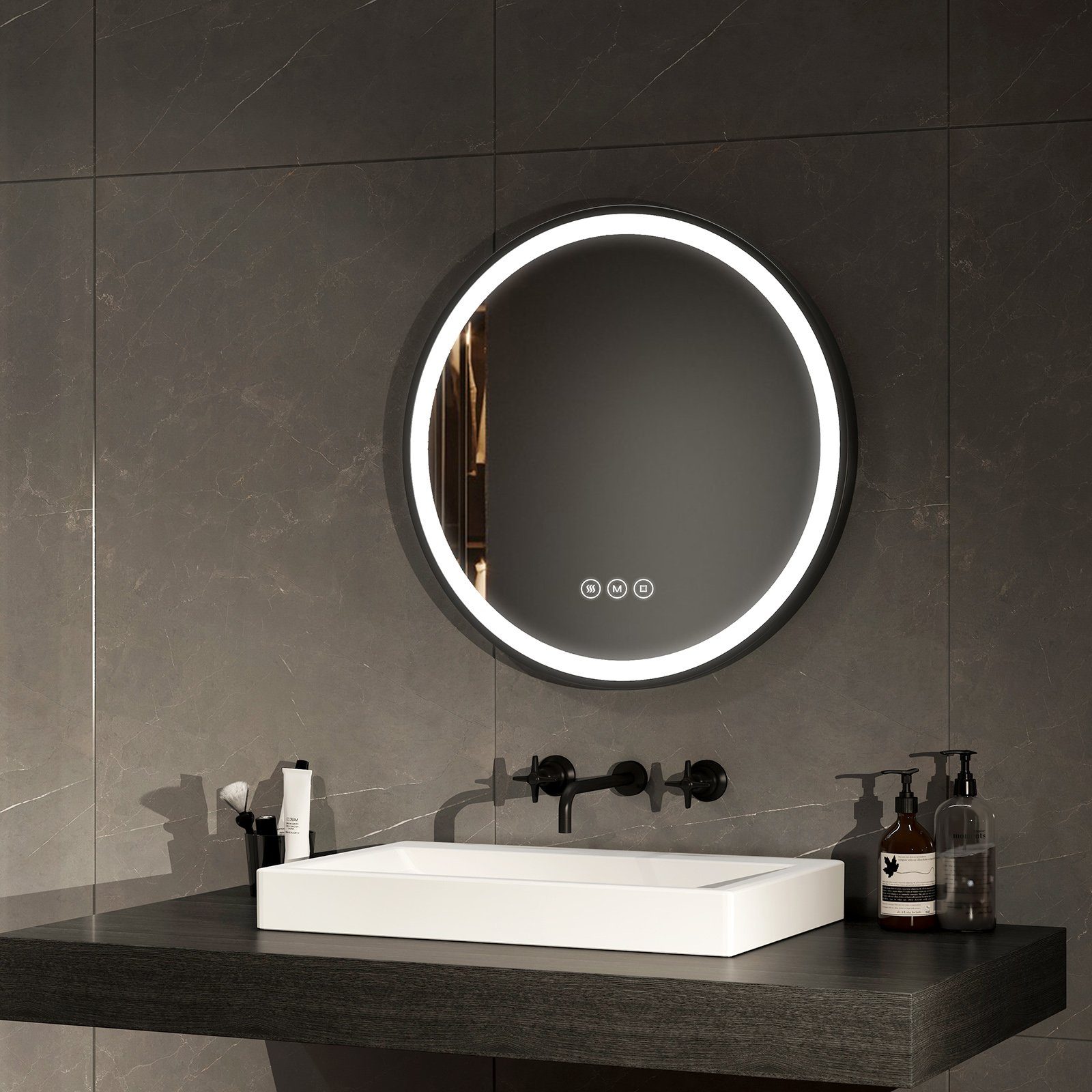 EMKE Badspiegel Antibeschlage Badezimmerspiegel mit schwarz Rahmen (Modell R4, Φ 50-80 cm, Touch Schalter), 3 Lichtfarben Dimmbar, Memory-Funktion, IP44