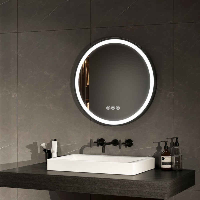 EMKE Badspiegel Antibeschlage Badezimmerspiegel mit schwarzem Rahmen, 3 Lichtfarben Dimmbar, Memory-Funktion Φ 50-80 cm