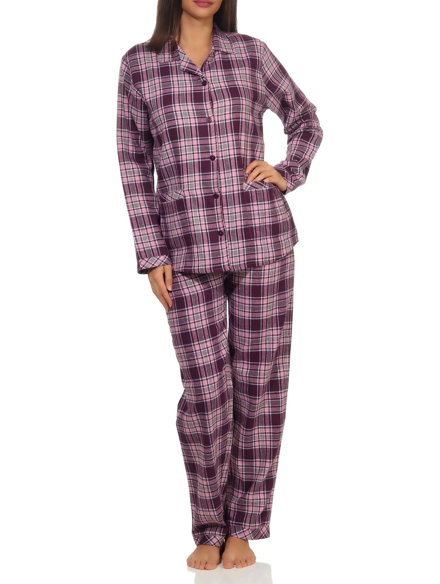 Pyjama Damen Flanell Schlafanzug langarm mit Knopfleiste und Reverskragen