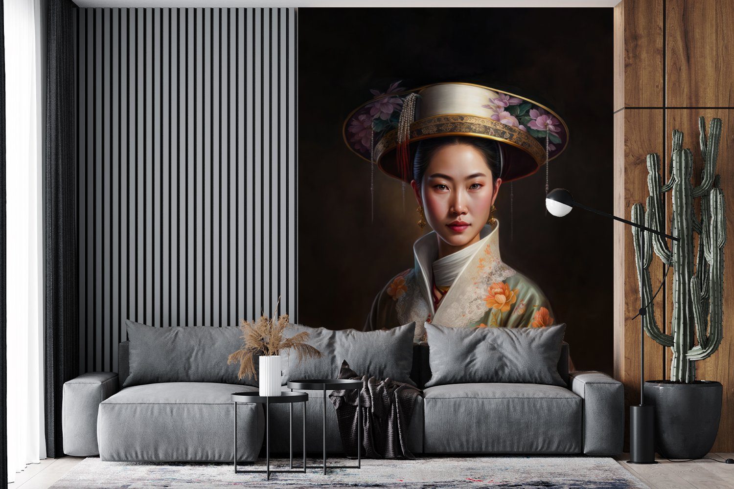 Wandtapete (4 bedruckt, - Asiatisch - Blumen Vinyl Porträt, Matt, MuchoWow Tapete St), für Fototapete Montagefertig Frauen Wohnzimmer, -
