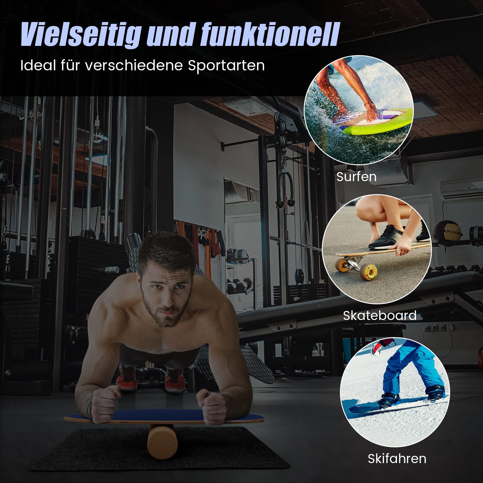COSTWAY Balanceboard, aus Holz, für zuhause, inkl. Korkrolle, bis 227kg