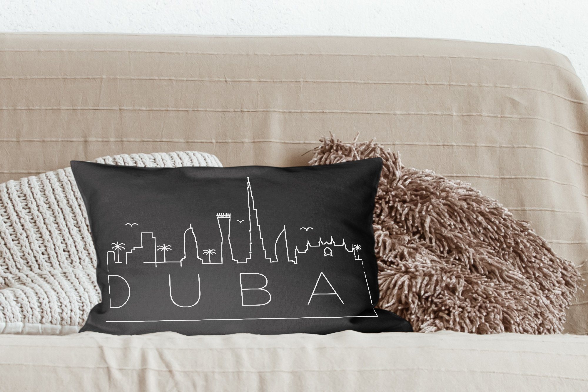 MuchoWow Dekokissen Skyline "Dubai" schwarz, Wohzimmer Dekoration, Dekokissen Schlafzimmer Zierkissen, Füllung, mit