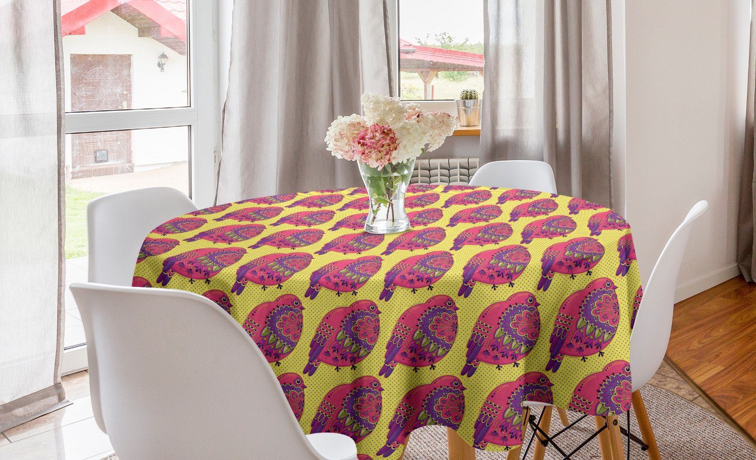 Abakuhaus Tischdecke Kreis Tischdecke Abdeckung für Esszimmer Küche Dekoration, Ethnisch Vögel und Blumenverzierung