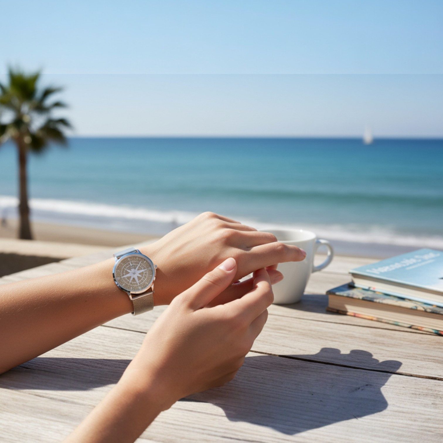 DUR Quarzuhr Damenuhr DW002, 36 mm – Kompass-Design mit echtem Strandsand, & Edelstahl-Meshband – Maritimer Zeitmesser mit Symbolkraft