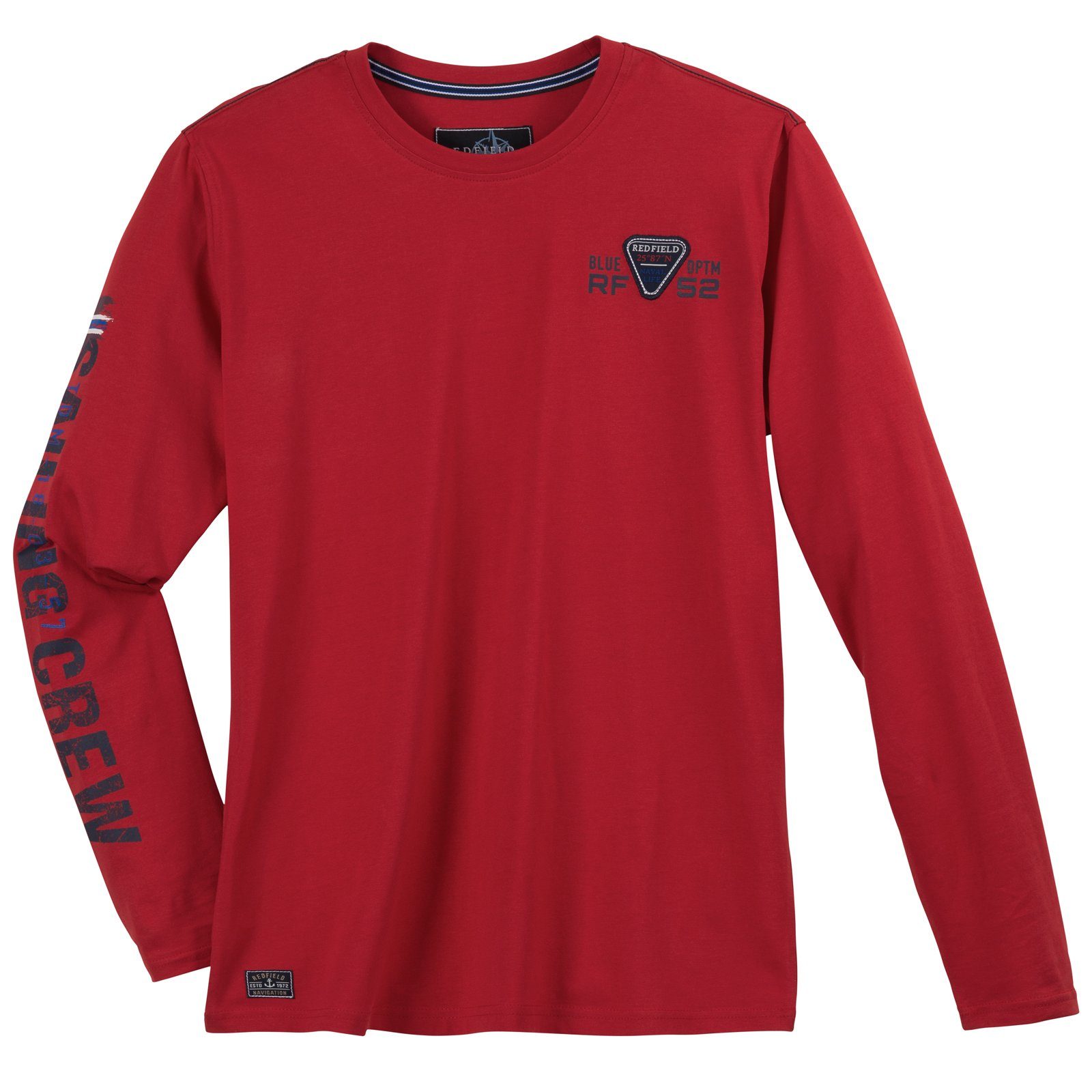 redfield Print-Shirt Große Größen Herren Redfield Langarmshirt rot maritimer Ärmelprint | Rundhalsshirts
