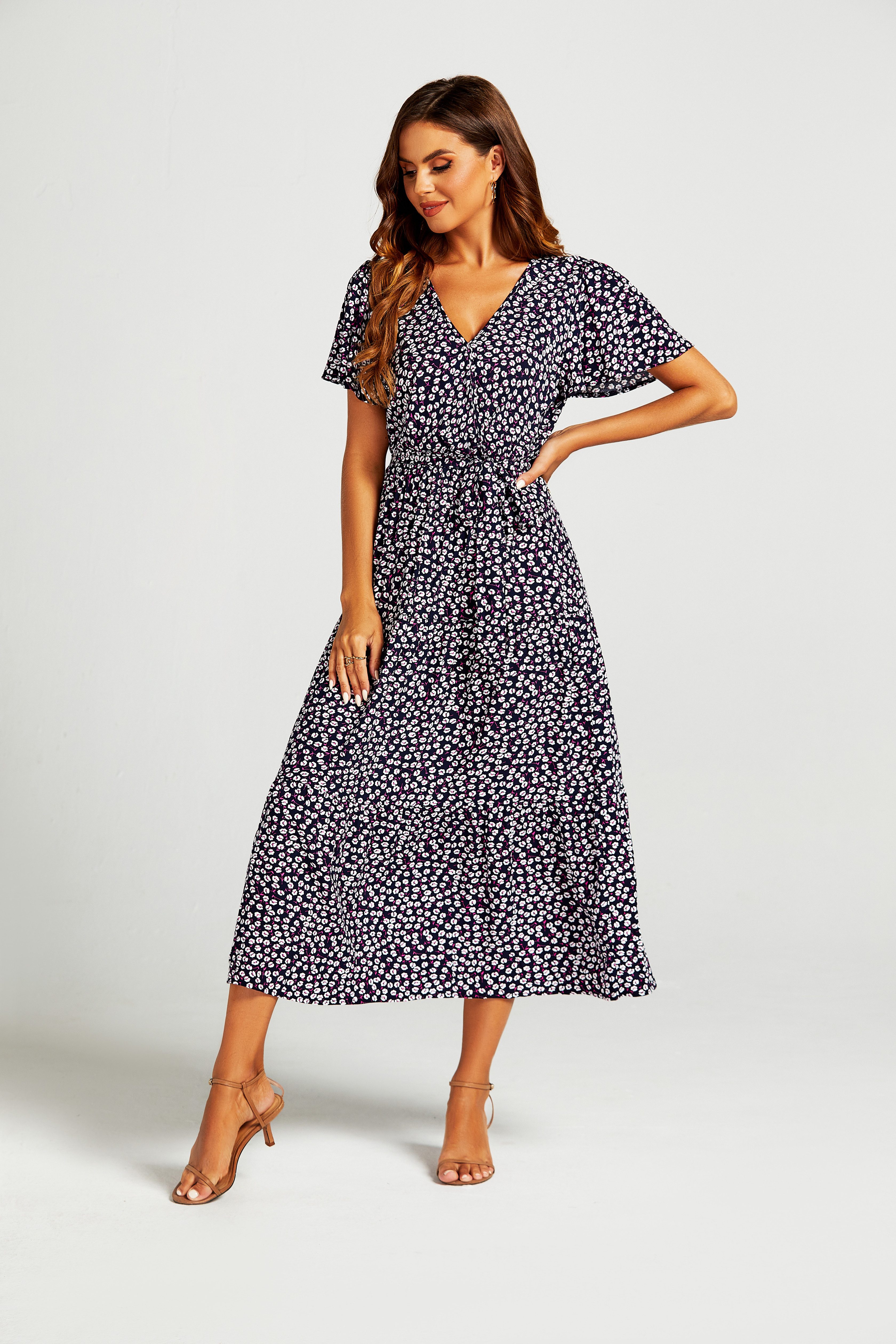 FS Collection Midikleid Damen Bedrucktes Midikleid mit Wickelausschnitt und Schlitz (XS (EU:36 / UK:8) · S (EU:38 / UK:10) · M (EU:40 / UK:12) · L (EU:42 / UK:14) · XL (EU:44 / UK:16), 6 Farben: Hellblau, Grün, Pink-Grün, Weiß-Blau, Marineblau, Schwarz) 100% Viskose Qualität, Beinschlitz, Stufenrock, floraler Print