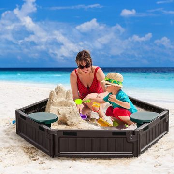 Outsunny Sandkasten Sandbox mit 3 Sitzplatten, Abdeckplane, für 3-12 Jahre Kinder, (Sandspiel, 1-tlg., Sandkiste), für Garten, Balkon, Dunkelgrün + Braun