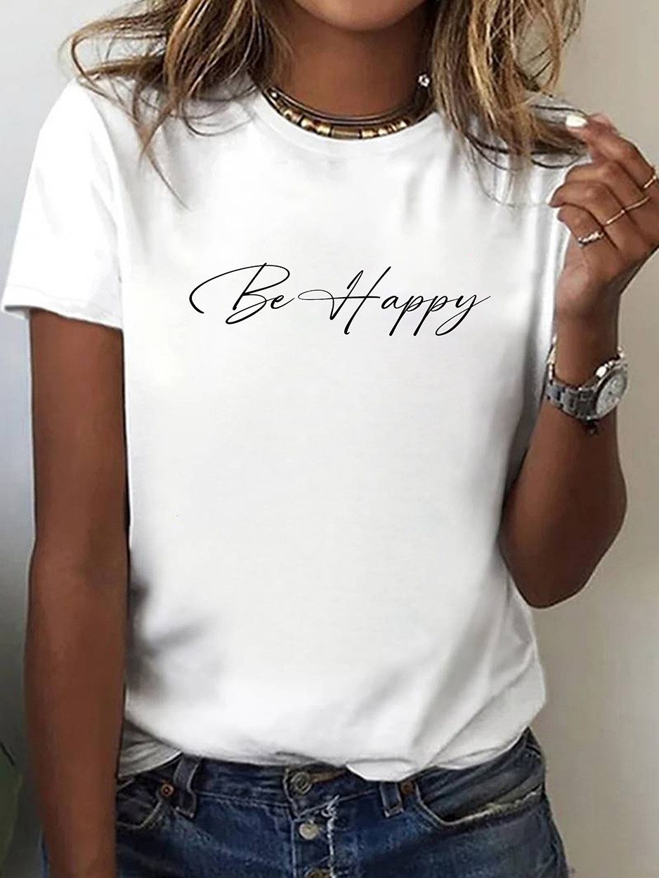 T-Shirt Damen Shirt Top Sommer Basic Be Happy Glücklich