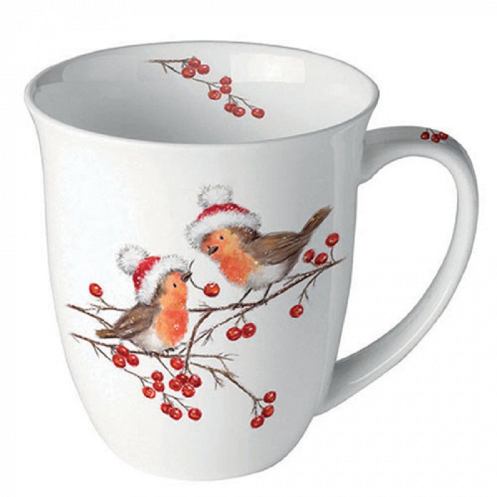 Ambiente Luxury Paper Products Becher Weihnachtsbecher- Silvester - Herbst / Winter Tee - Kaffee Tasse, 1-tlg., Porzellan Tasee ca. 400 ml, Becher 0,4 l Schnee - Eis, Motiv, Winter, Weihnachten, Weihnachtsrotkehlchen, Rotkehlchen, Vogel, Mütze, Motiv, Kollektion, Mug, Weihnachten, Geschenkartikel