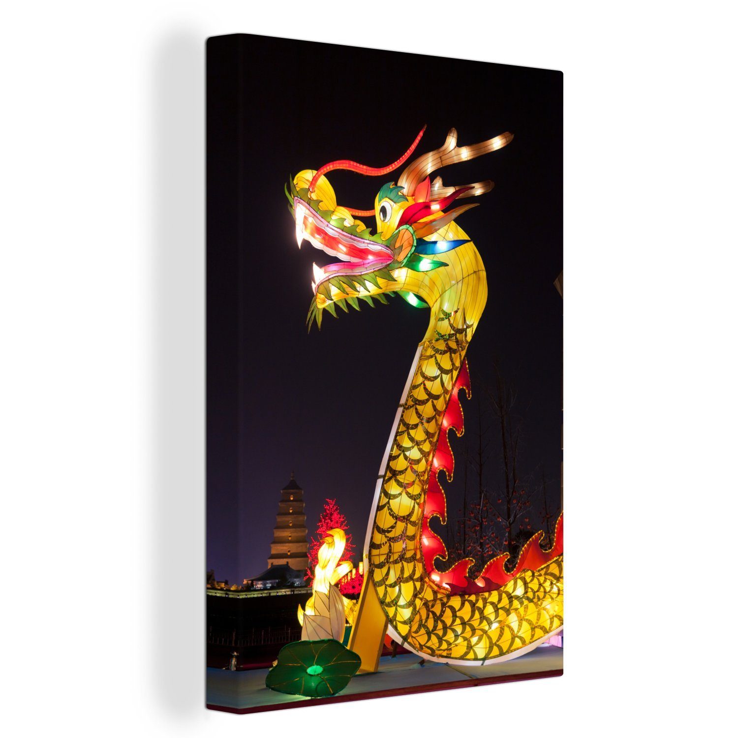 Nacht, 20x30 Zackenaufhänger, inkl. mit (1 St), Leinwandbild in bespannt Chinesischer der Leinwandbild Licht Drache fertig OneMillionCanvasses® cm Gemälde,
