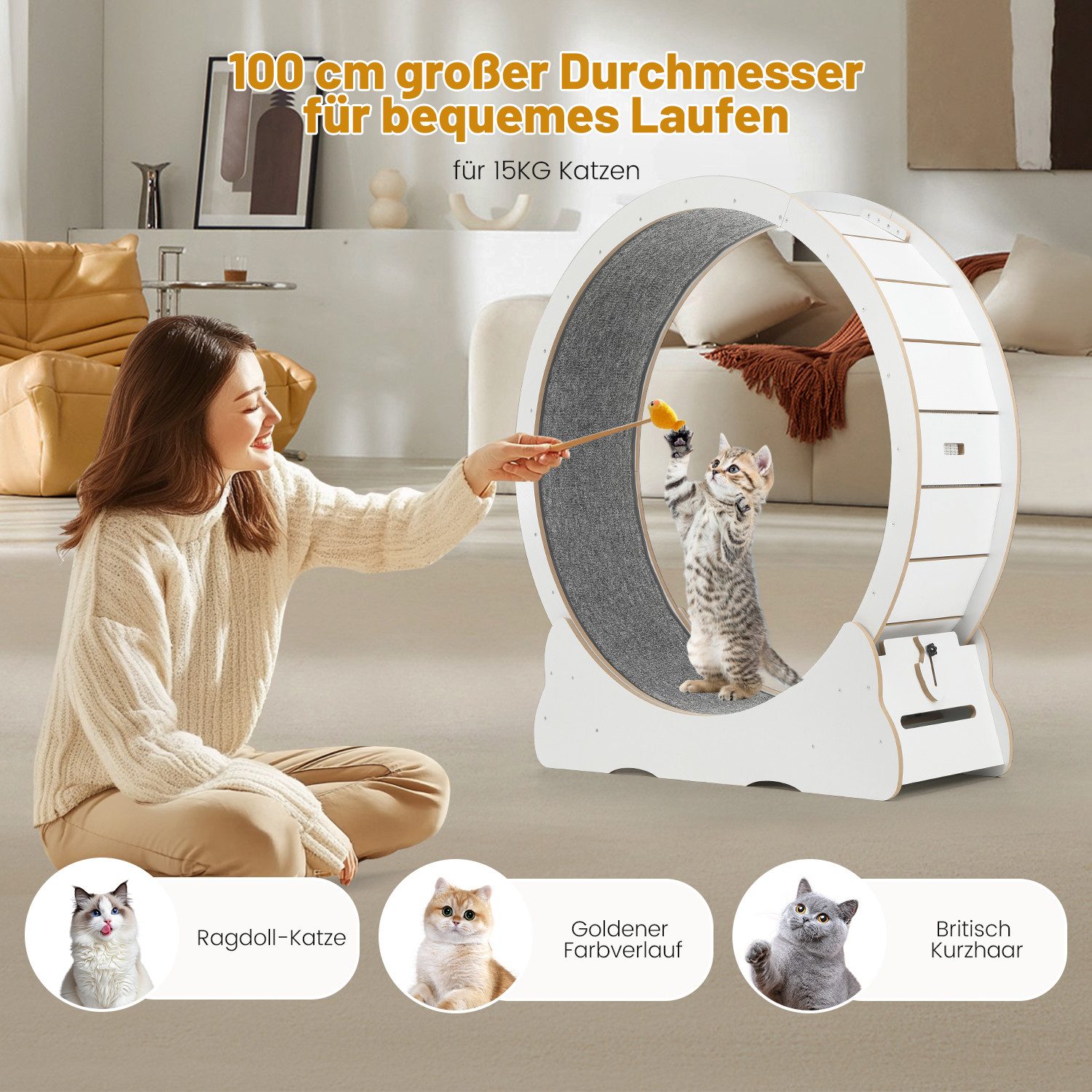 oyajia Tier-Intelligenzspielzeug Katzenlaufrad, MDF, MDF, Innendurchmesser 100cm, Leises Scrollrad und Sicherheitsschloss-Design