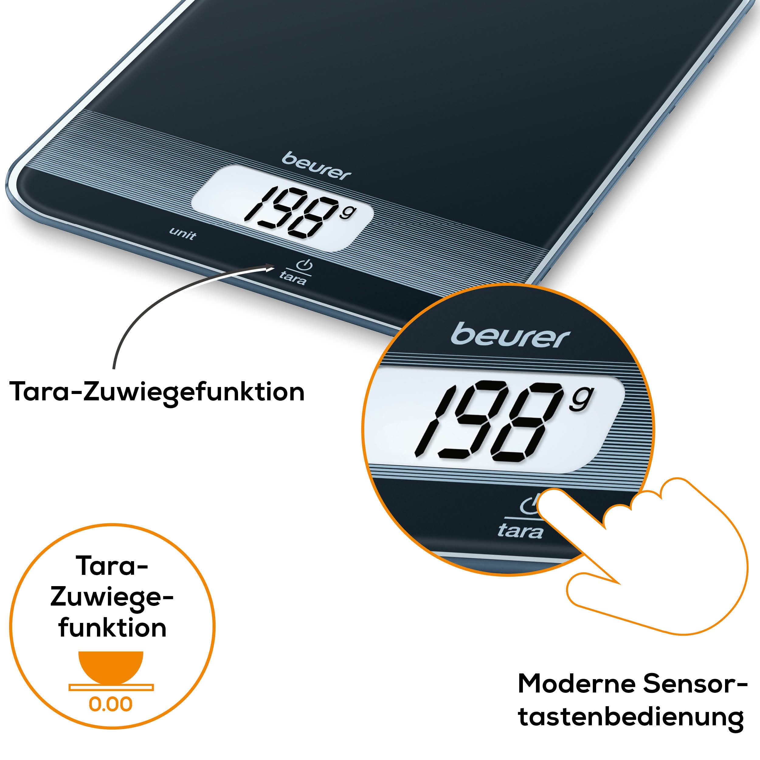 BEURER Küchenwaage KS 19 flaches Design mit 16 mm, leicht zu reinigende Glasoberfläche, Koch- und Backwaage mit 5 kg Tragkraft, mit Tara-Zuwiegefunktion