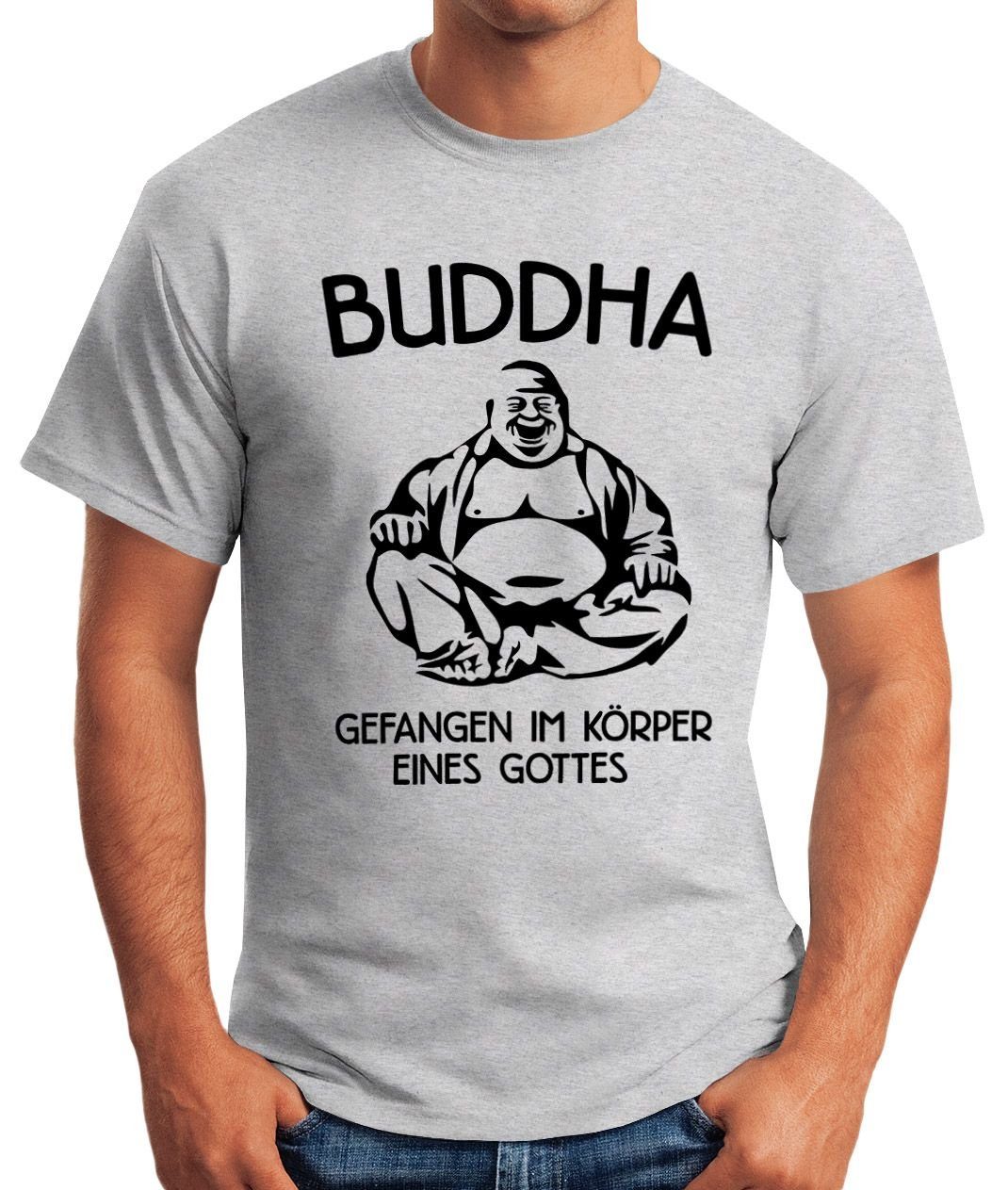 MoonWorks Print-Shirt Buddha Print im mit Gefangen Herren eines Fun-Shirt Gottes - Moonworks® T-Shirt Körper grau