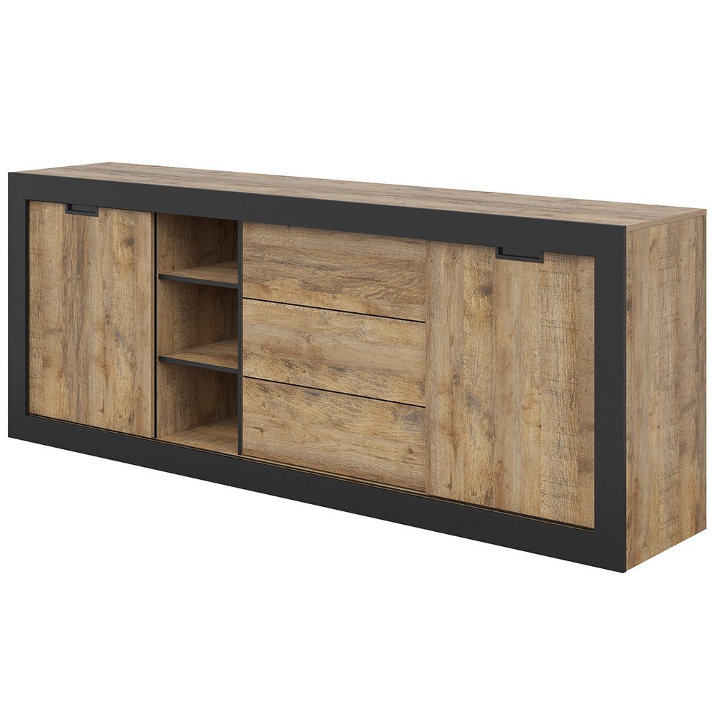 Lomadox Kommode TOLOSA-83, in Eiche mit Rahmen in schwarz matt, Breite 220 cm