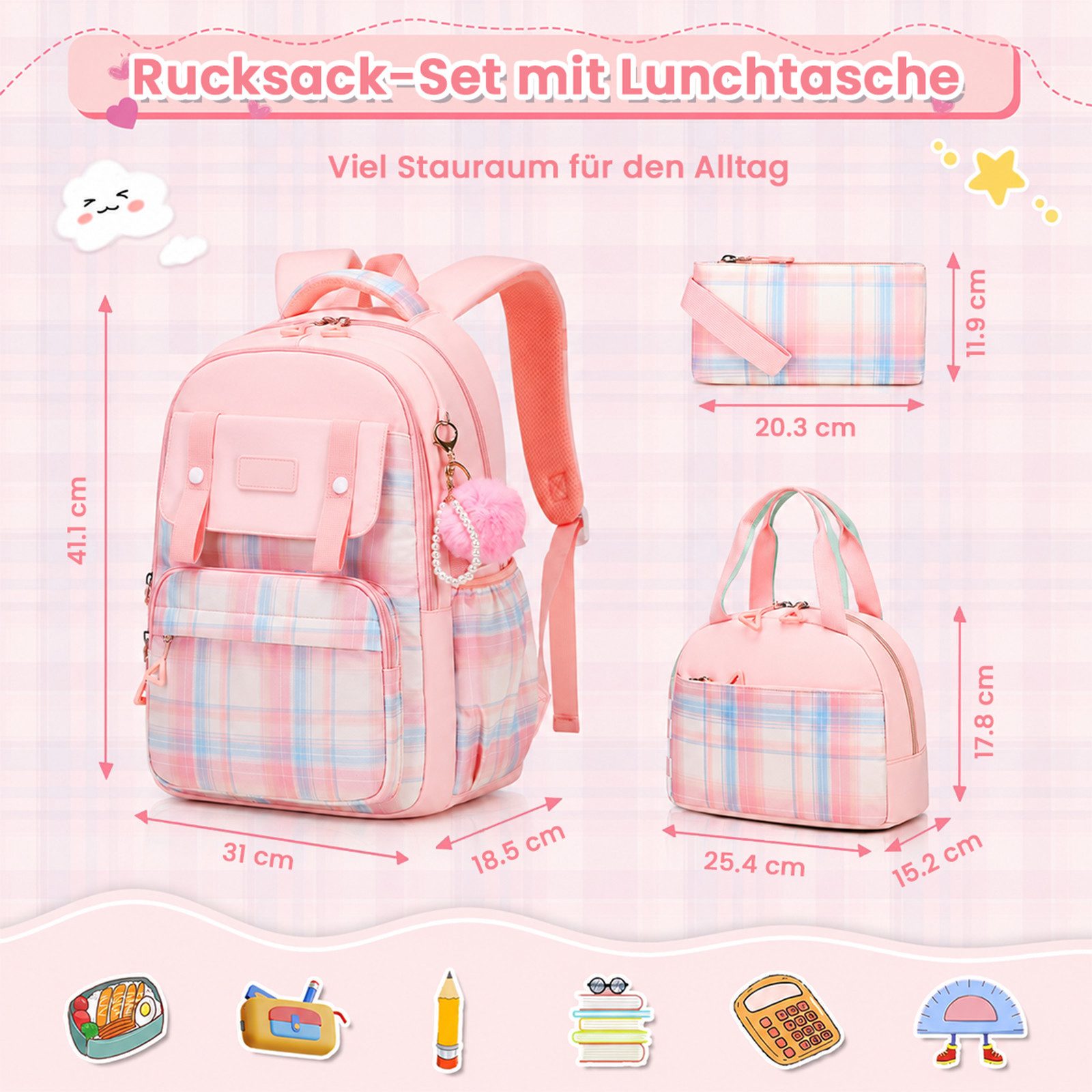 MOPUEA Schulrucksack Schultasche 3-teilig mit Lunchtasche Federmappe, Leichter Schulranzen (Set, 3-tlg., 1 × Schulrucksack 1 × Lunchtasche 1 × Federmäppchen), Wasserdichter Rucksack Tagesrucksäcke