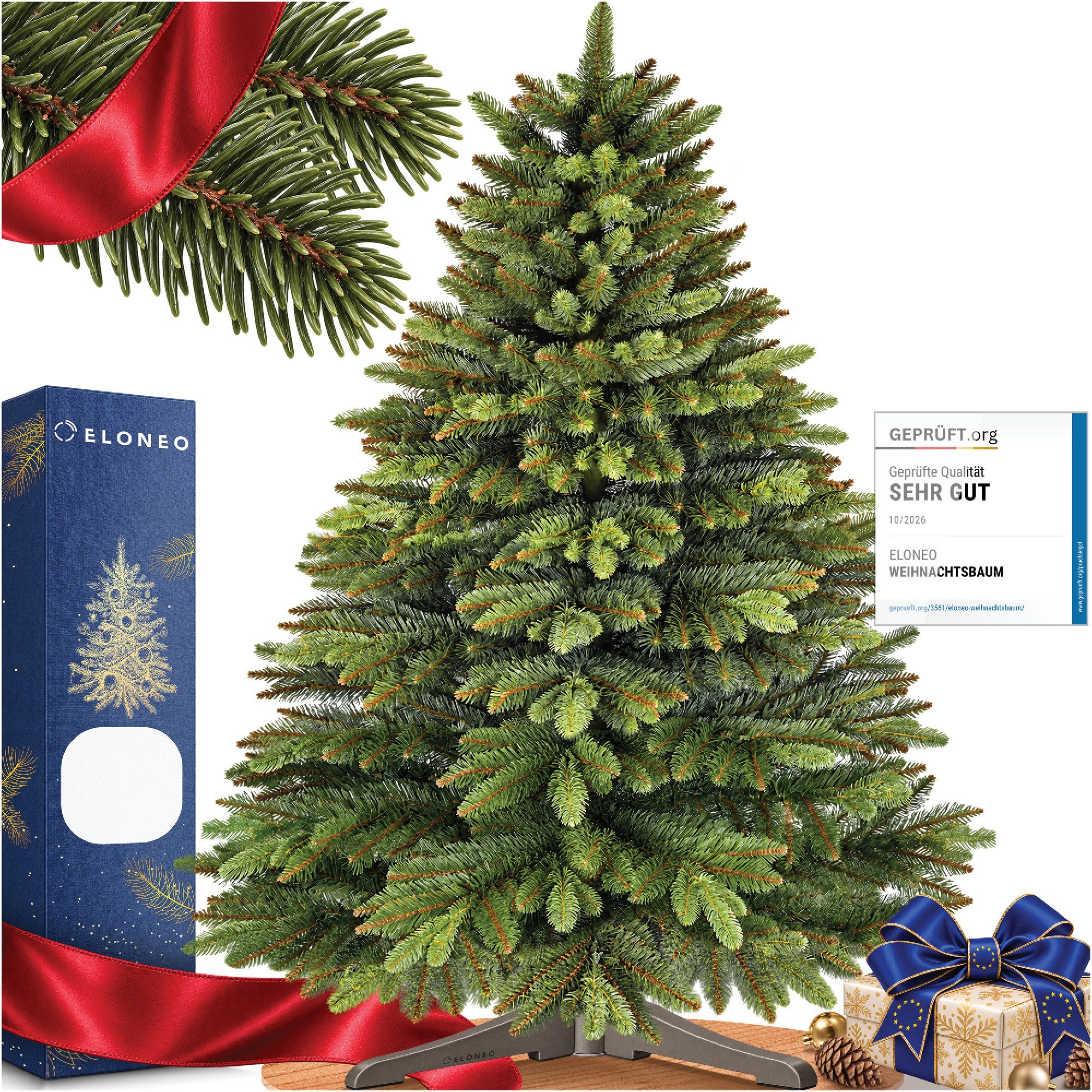 ELONEO Künstlicher Weihnachtsbaum, Dichte, biegsame Zweige, naturgetreu, Holzständer, schwer entflammbar