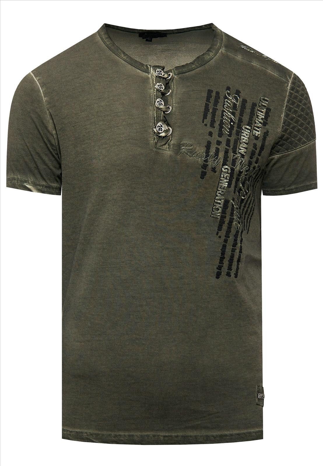 Rusty Neal T-Shirt Oil-Washed mit Knopfleiste