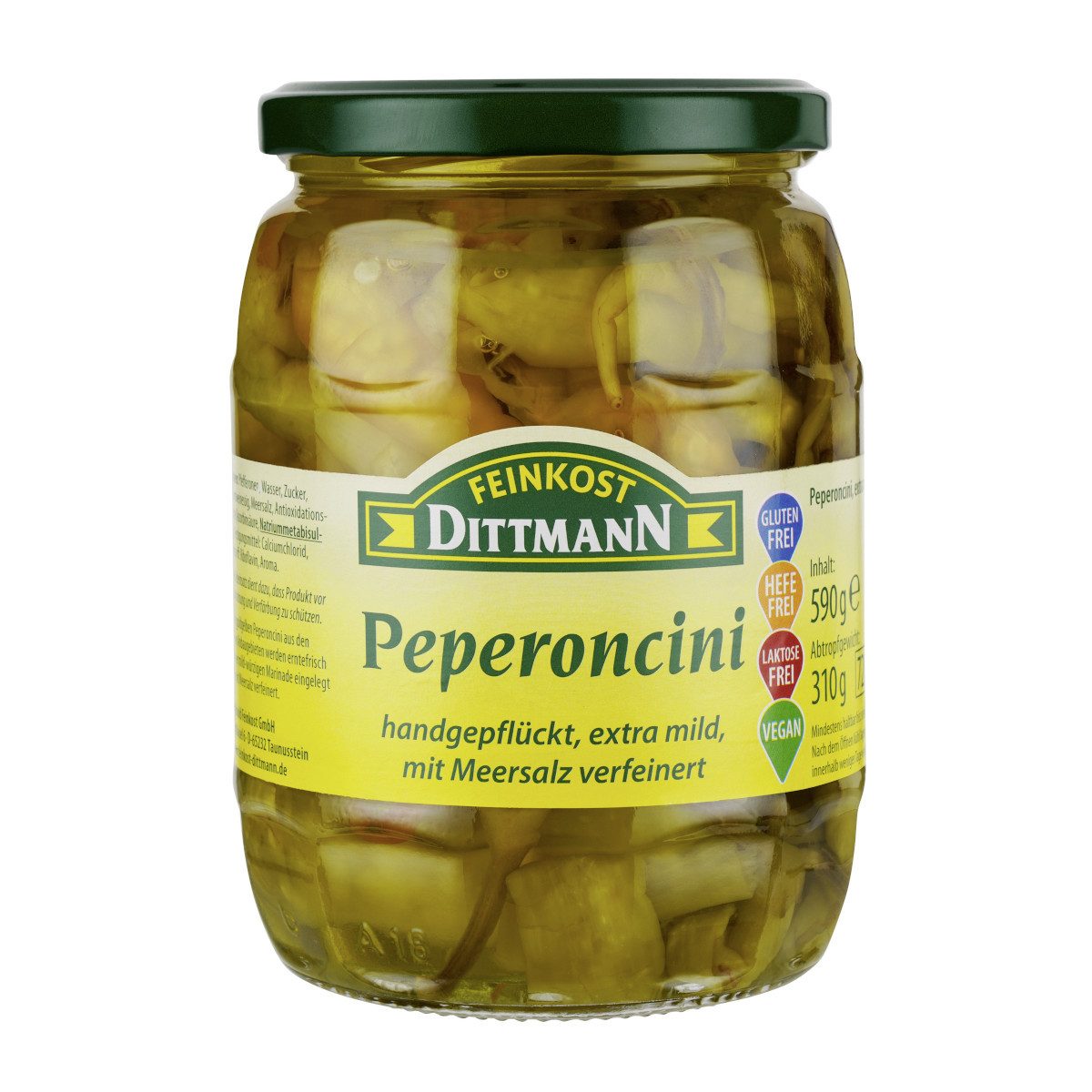 Feinkost Dittmann Gemüsekonserve, Dittmann Peperoncini extra mild Abtropfgewicht 390g Glas 590g