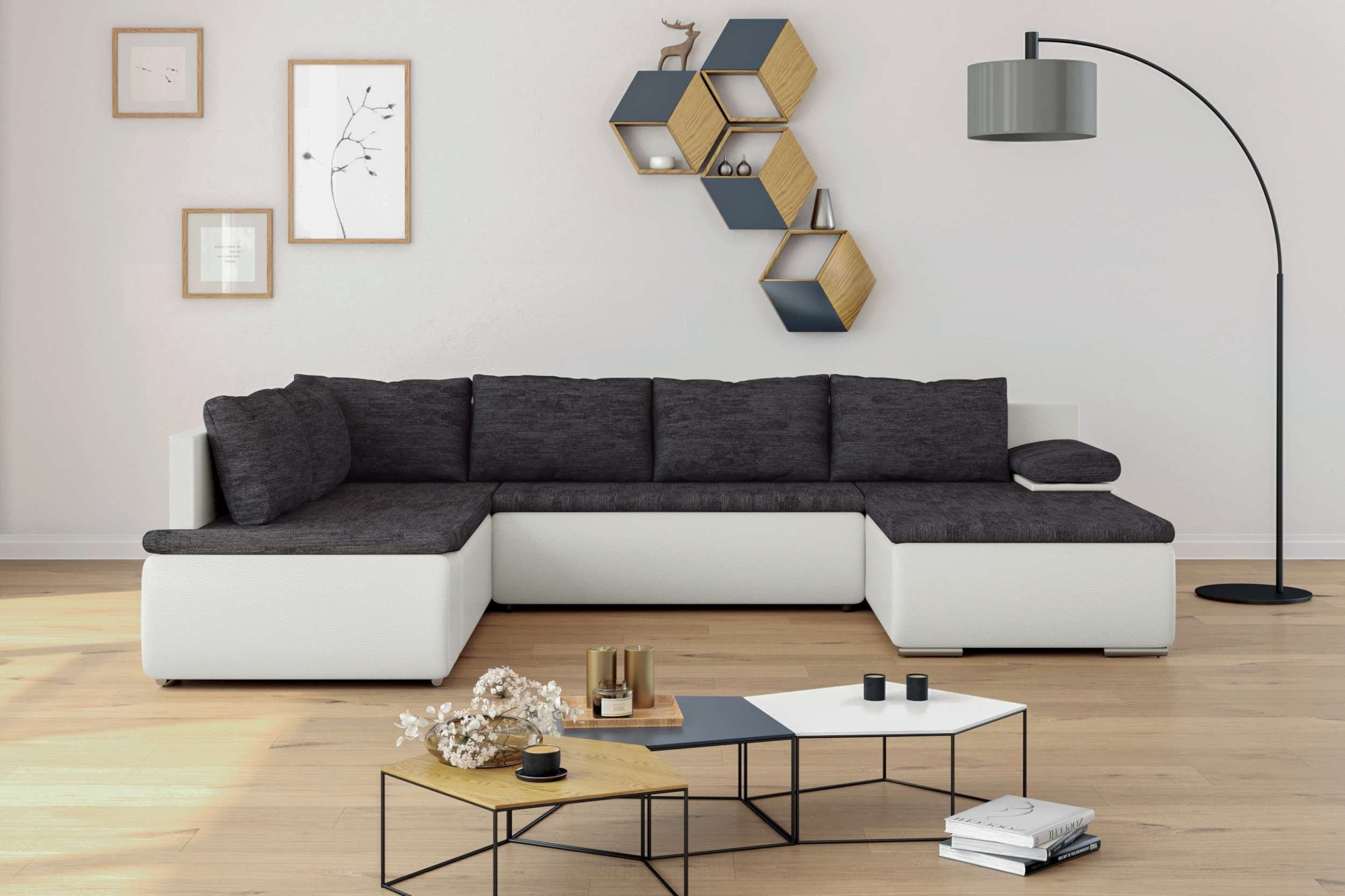 Stylefy Wohnlandschaft Bettfunktion Sofa, Modern mane Nessi, Raum bestellbar, und rechts U-Form, stellbar, im Design, Bettkasten, mit oder mit frei Wellenfederung links