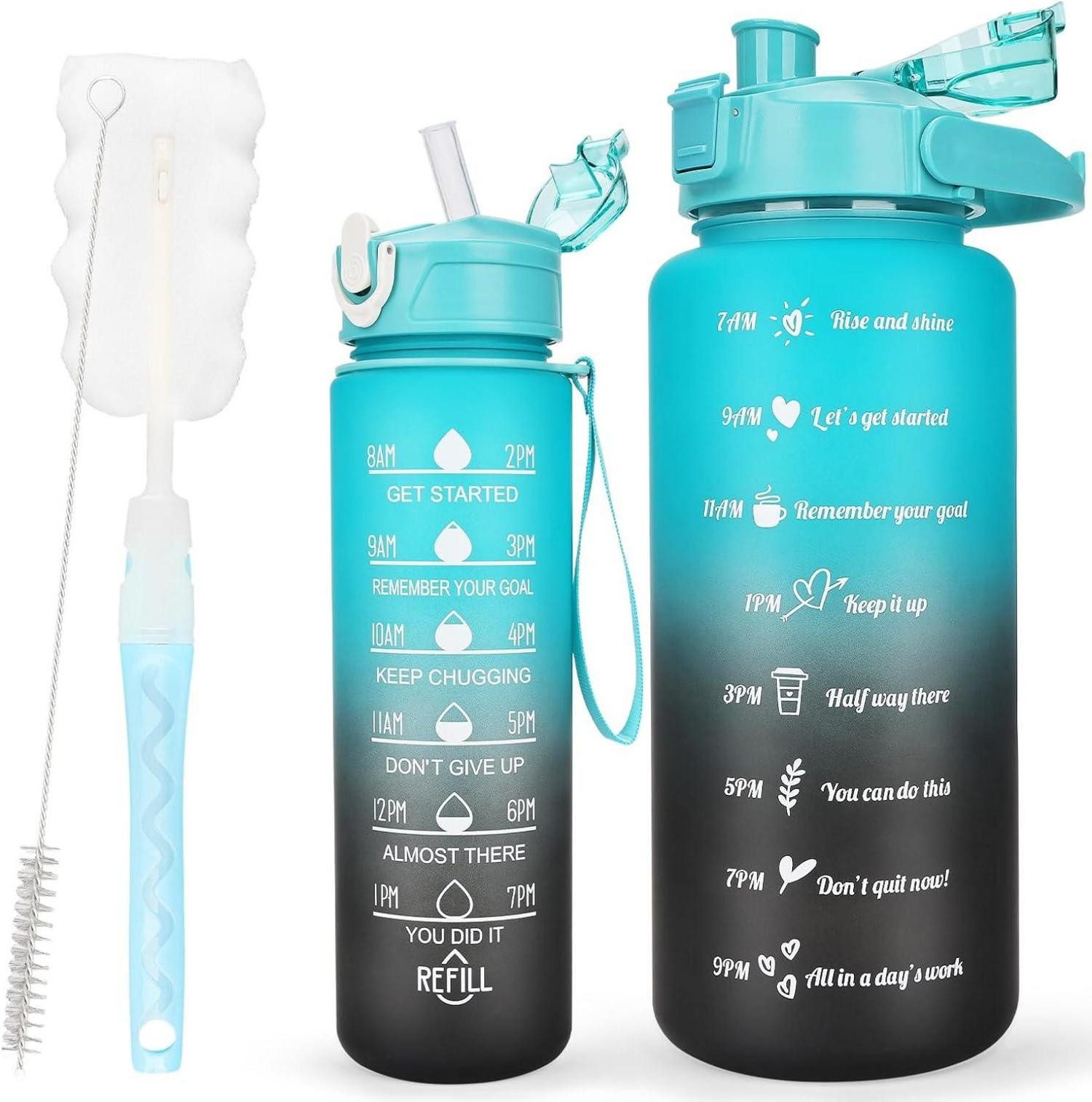 Becher 2er Pack Trinkflasche BPA-frei mit Zeitmarkierung, Strohhalm