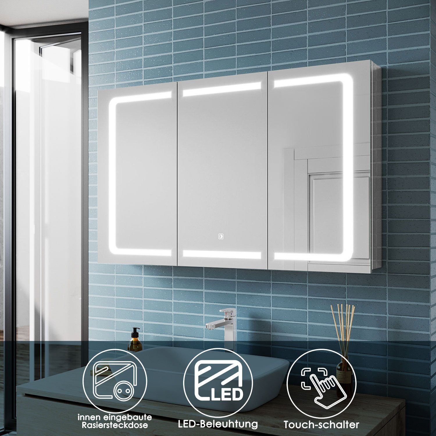 SONNI Spiegelschrank Spiegelschrank Bad 105 cm LED mit Beleuchtung Badschrank Steckdose Badspiegel, Edelstah, Badezimmerspiegelschrank