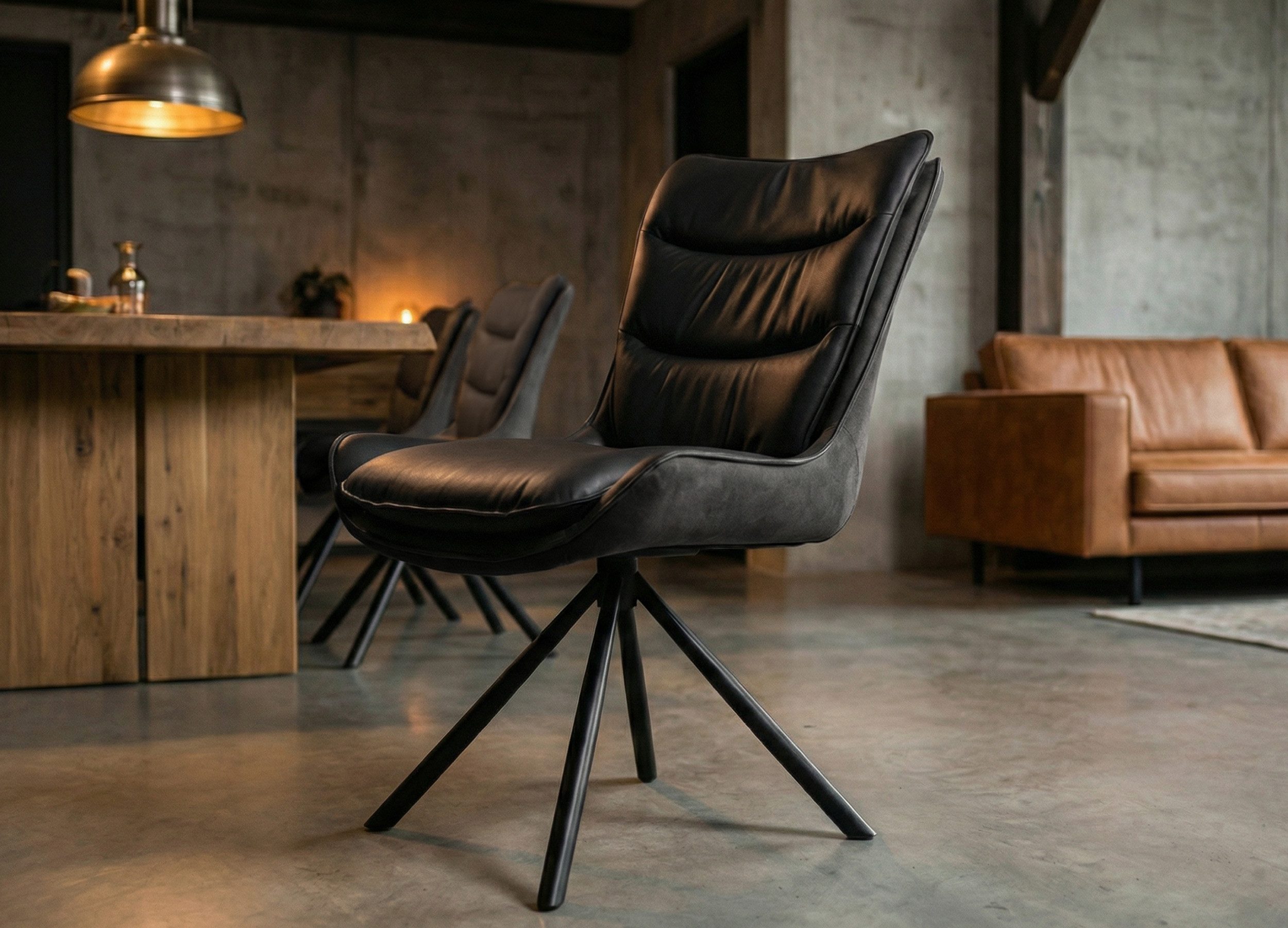 Massivart® Polsterstuhl drehbar 360 Grad, Esszimmerstuhl aus Echtleder & Stoff, »MAURICE«, Griff am Rücken · Metallgestell schwarz