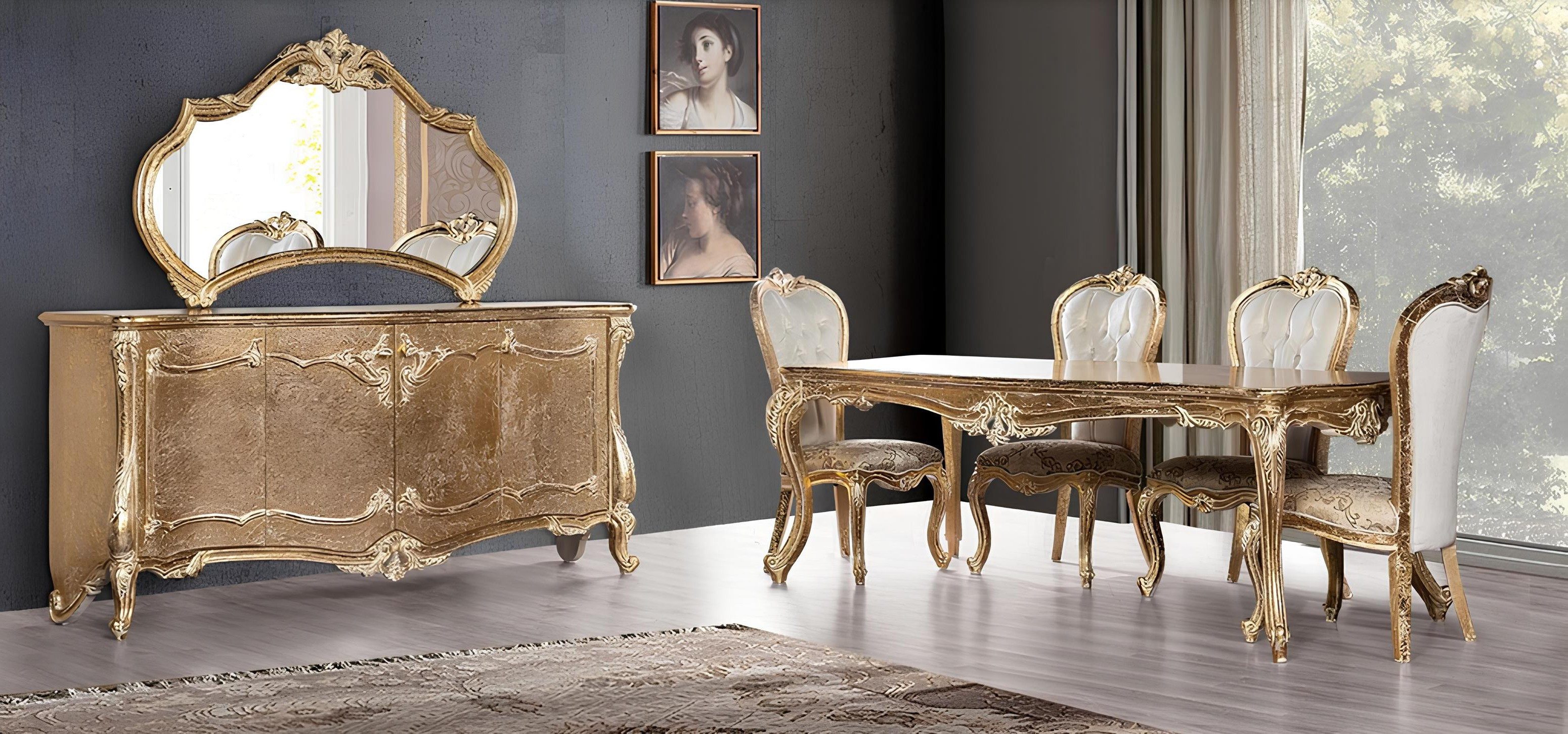 Xlmoebel Esszimmer-Set 7-teiliges Holz Esstisch und Stuhl Set mit Kommode und Spiegel, (7-St), Made in Europa