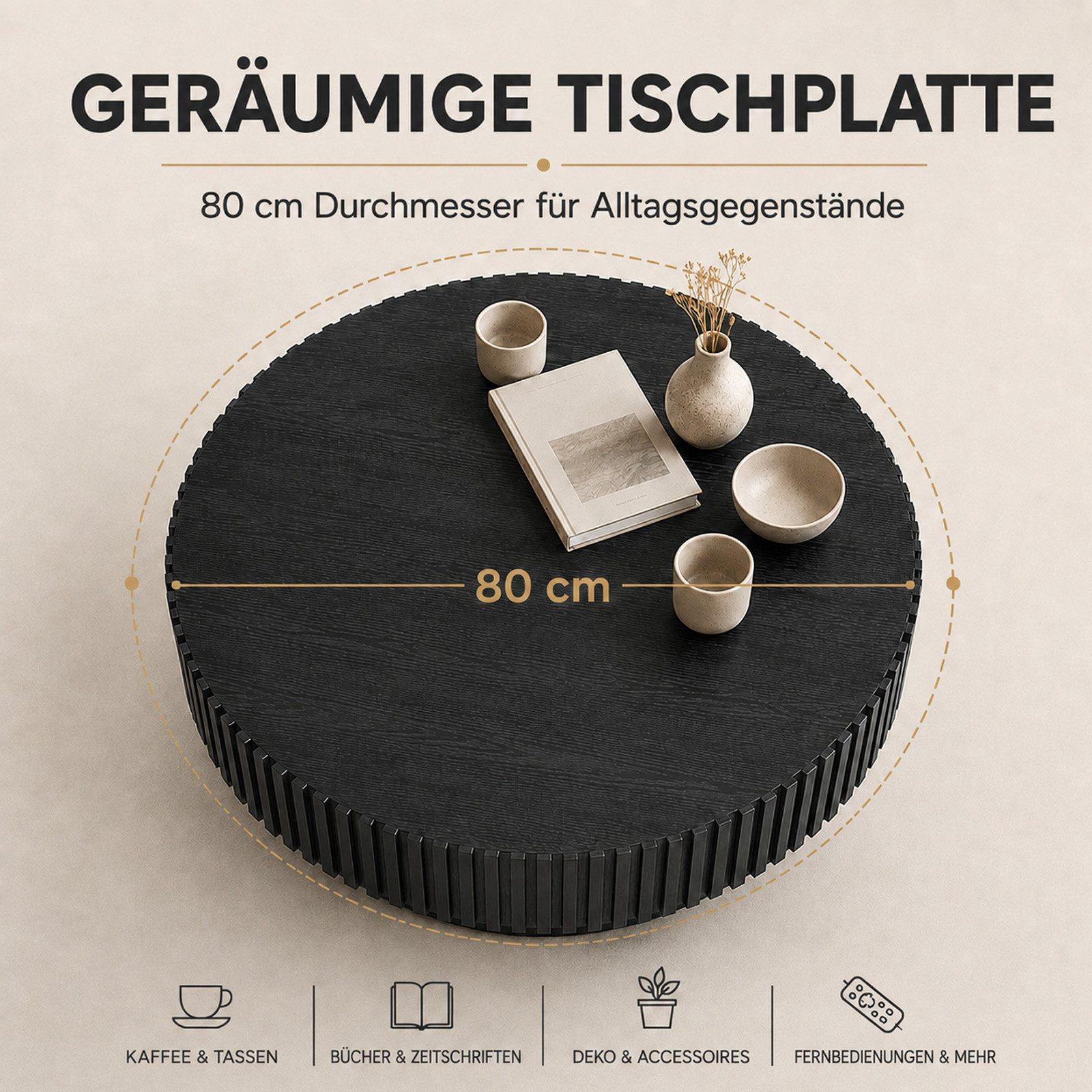 PEALOV Couchtisch Ø 80 × H 35 cm mit Rillenoptik (1-St), Moderner Sofatisch in Holzoptik für Wohnzimmer und Lounge – Bild 4 von 5