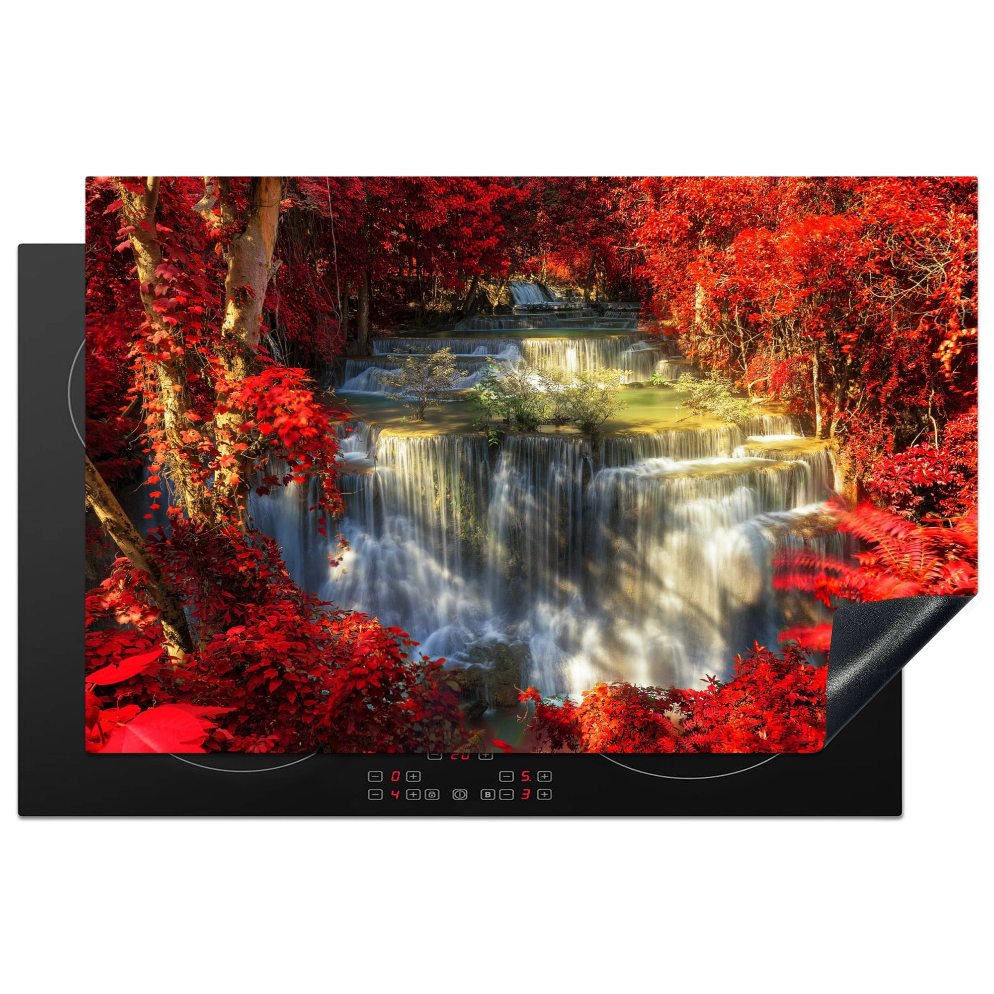 MuchoWow Herdblende-/Abdeckplatte Wasserfall - Thailand - Wald - Rot, Vinyl, (1 tlg), 81x52 cm, Induktionskochfeld Schutz für die küche, Ceranfeldabdeckung