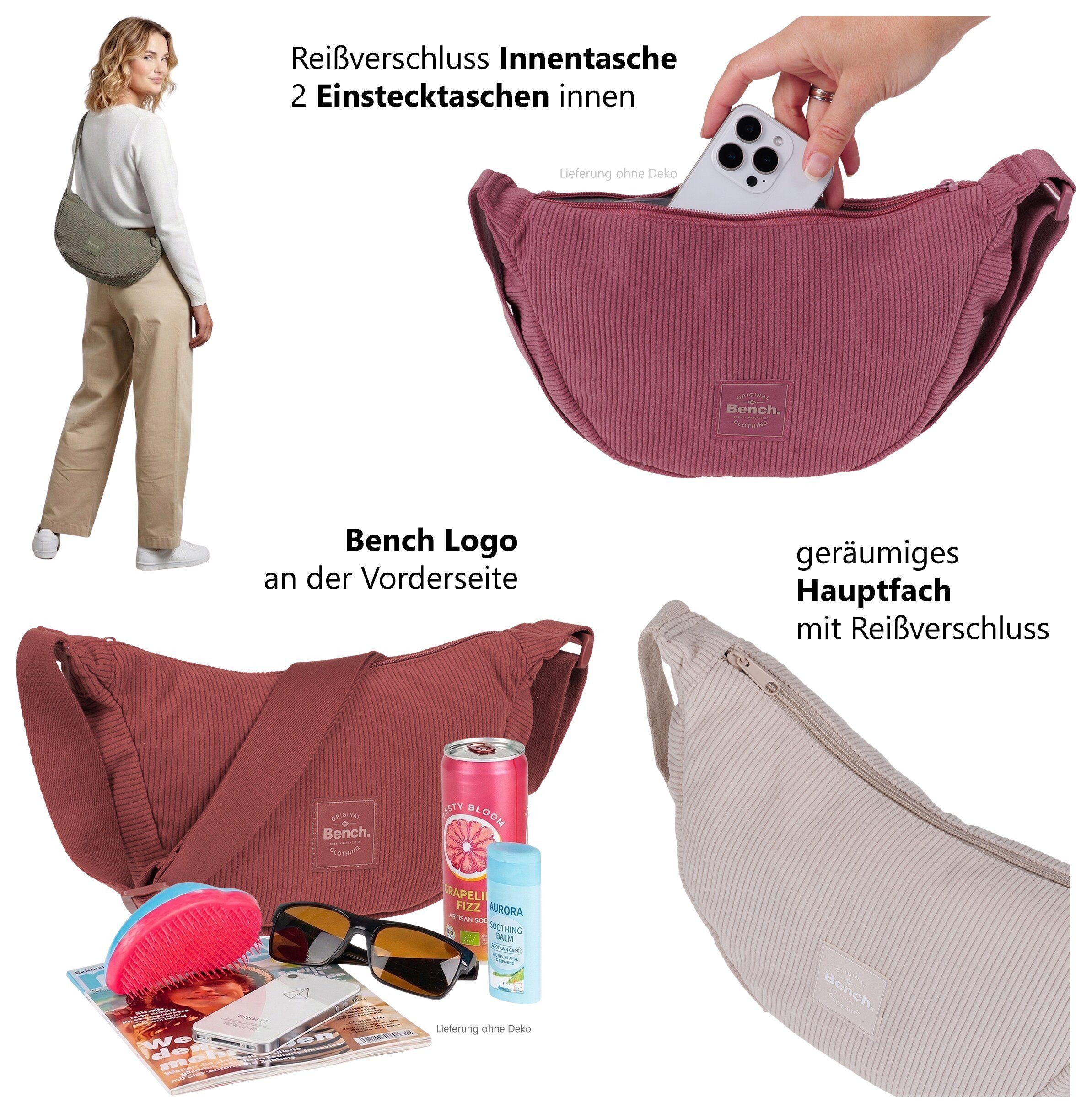 Bench. Handtasche Crossbag Moon Bag Schultertasche Slingbag Medium, Damentasche Damen Freizeittasche Mond Form Cord 64230 + Etui