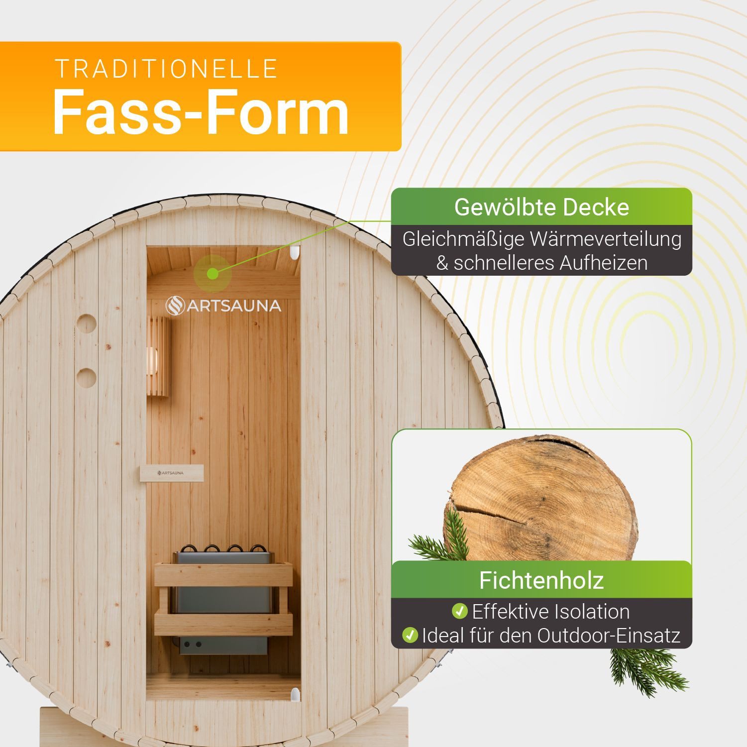 Artsauna Fasssauna Spitzbergen 120, BxTxH: 191 x 120 x 193 cm, für 2 Personen, Fichtenholz, 3,6 kW Elektro-Ofen, Komplett-Set