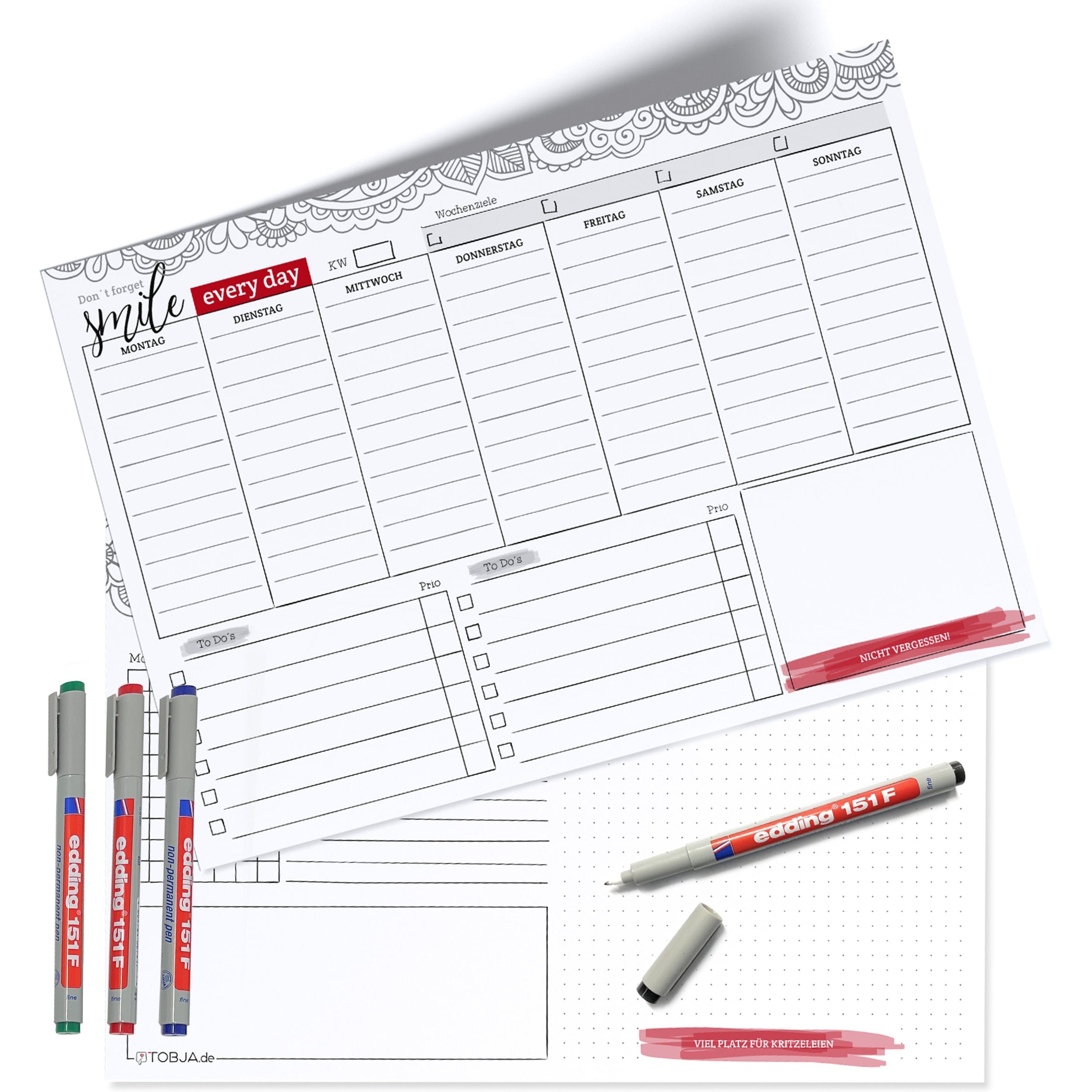TOBJA Notizblock Wochenplaner A4 Folie +4 Stifte Blatt wiederbeschreibbar, Organizer, To-Do-Liste und 4 bunten Markenstiften