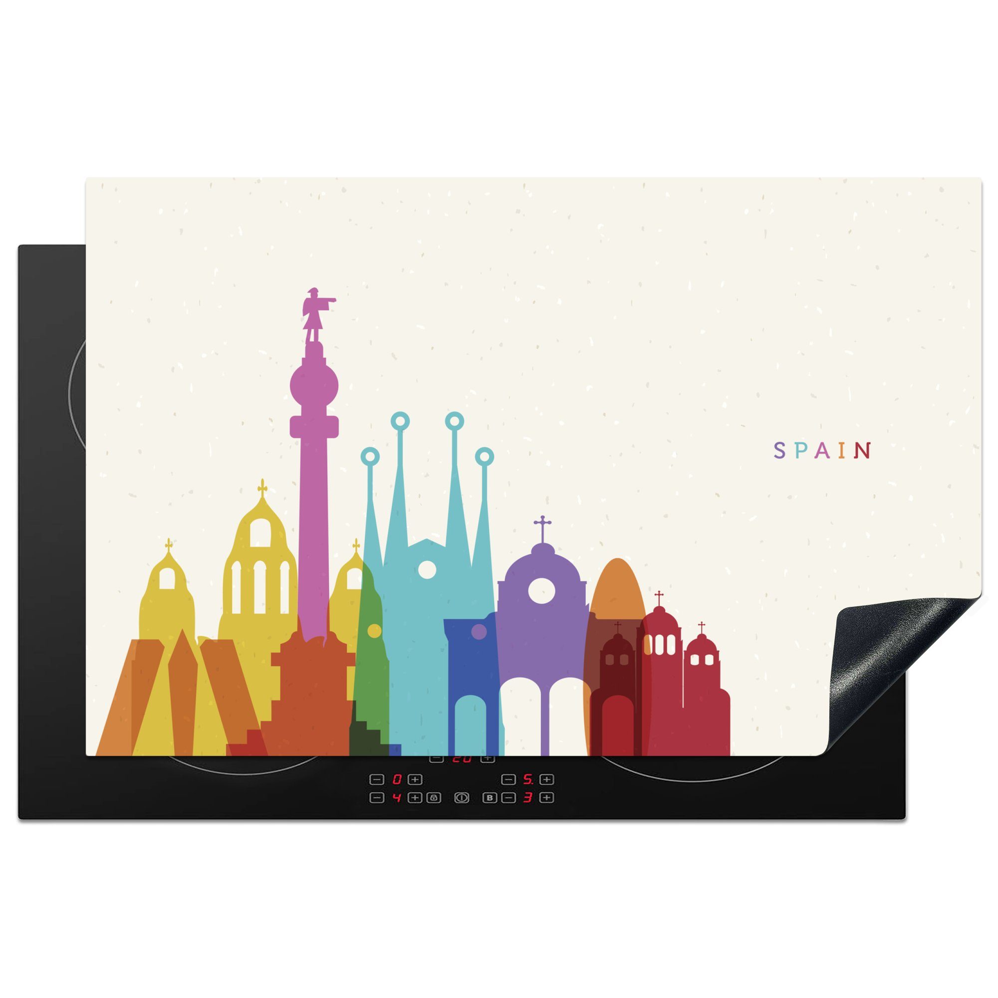 MuchoWow Herdblende-/Abdeckplatte Illustration der Skyline von Spanien, Vinyl, (1 tlg), 81x52 cm, Induktionskochfeld Schutz für die küche, Ceranfeldabdeckung