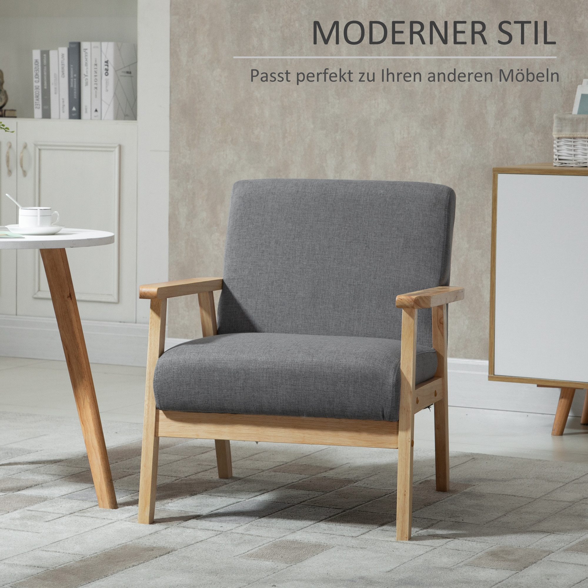 HOMCOM Relaxsessel Sessel Wohnzimmer mit Massivholzbeine, Lesesessel mit Leinenoptik (Akzentsessel, 1-St., Sessel), Grau, 64 x 70 x 72 cm – Bild 4 von 5