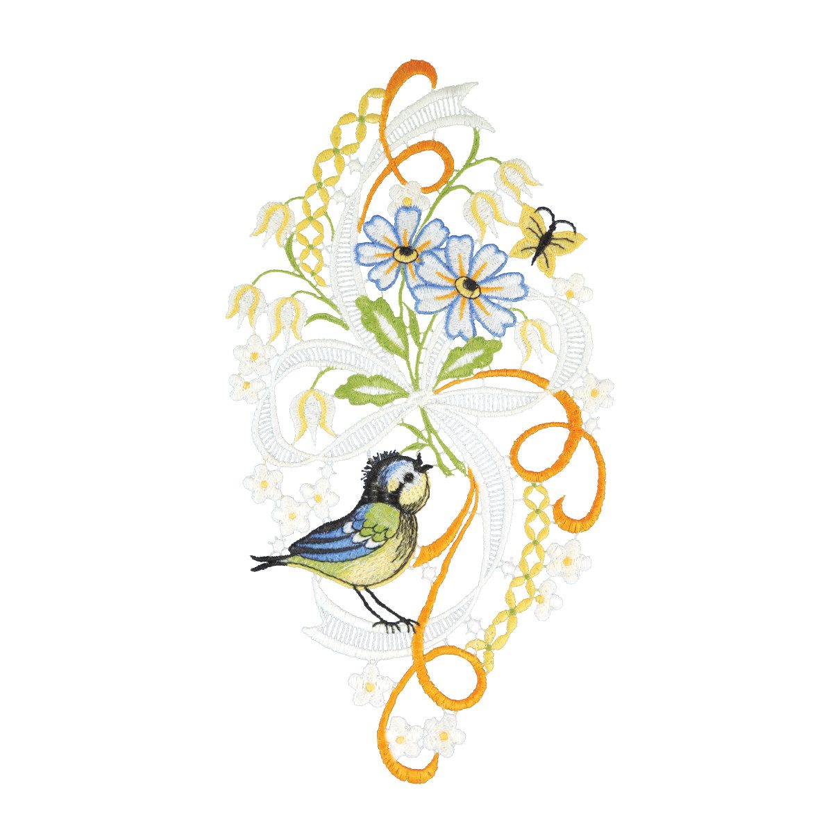 W. Reuter & Sohn - Plauener Spitze® Fensterbild Fensterbild Vogel mit Frühlingsstrauß farbig 16x24 cm, Plauener Spitze