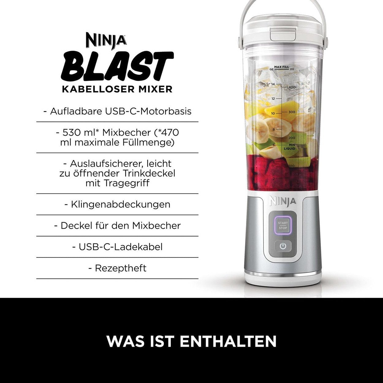 NINJA Standmixer Blast, 0 W, kabellos, tragbar & wiederaufladbar, 532 ml Kapazität
