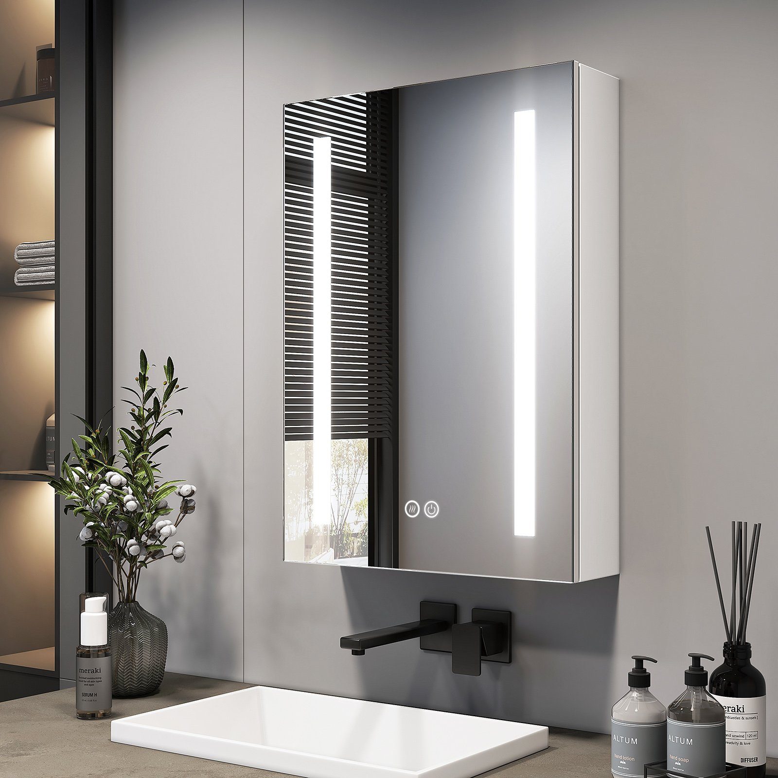 EMKE Badspiegel Spiegelschrank Bad mit LED Beleuchtung Beschlagfrei Lichtspigel (1 türig), mit Ablage,Touchschalter,3 Lichtfarben,Steckdose und USB Anschlüsse